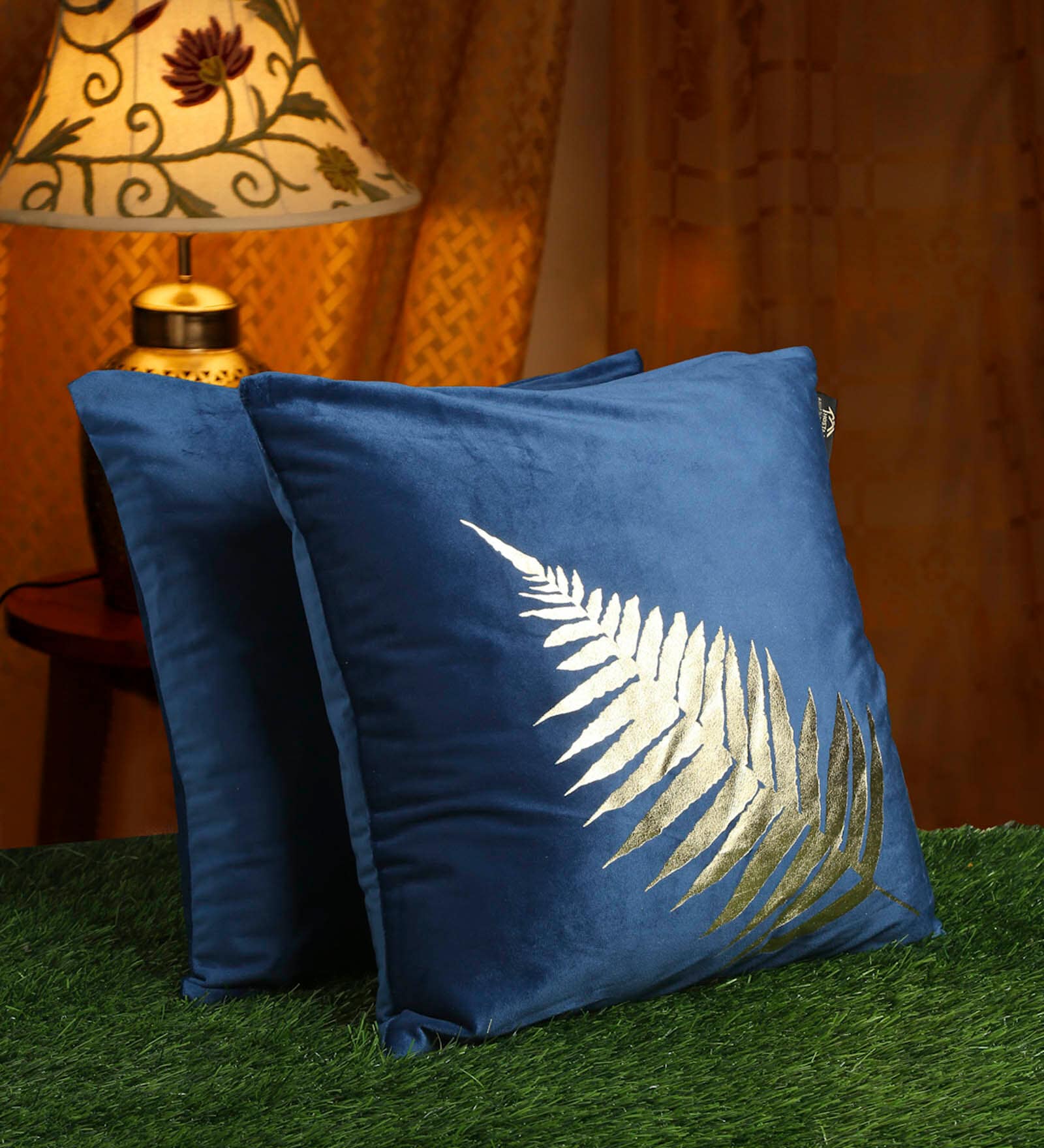 Blue Floral Velvet 16 x 16 Inch Cushion Covers (Set of 2)