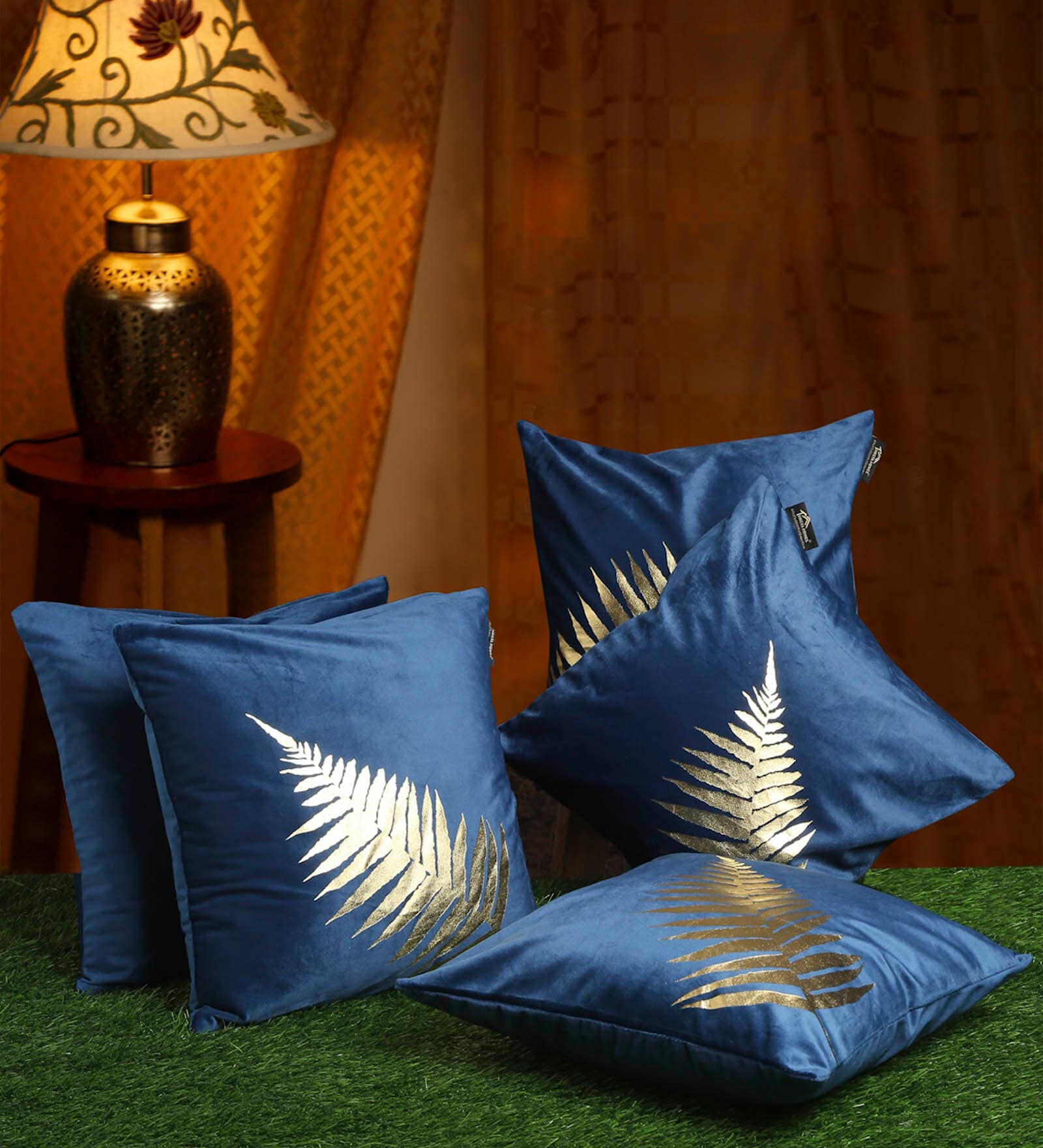 Blue Floral Velvet 16 x 16 Inches Cushion Cover (Set of 5)