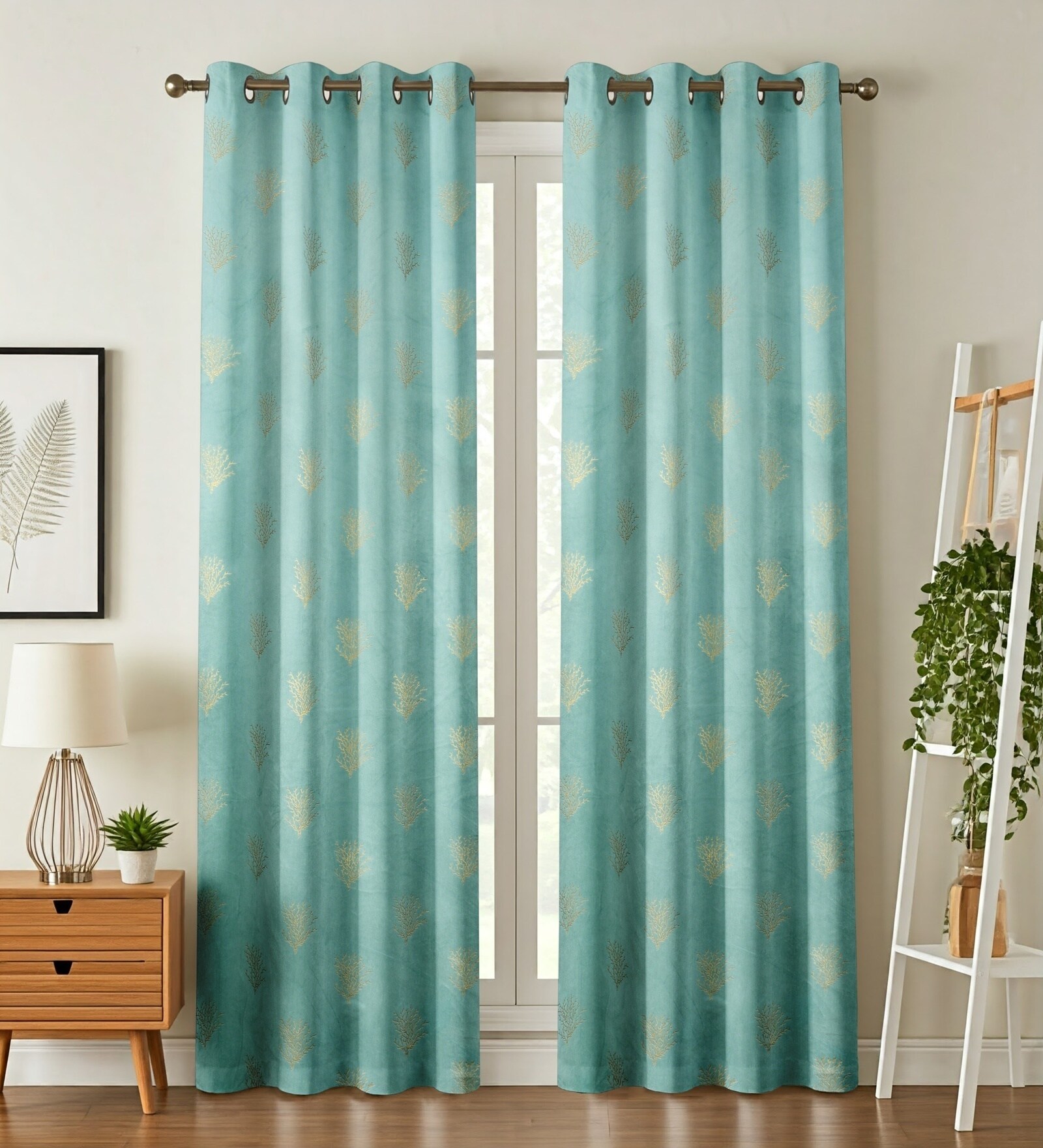 Blue Velvet Coral Branch Print  5 Foot Ring Top Window Curtains Set Of 2