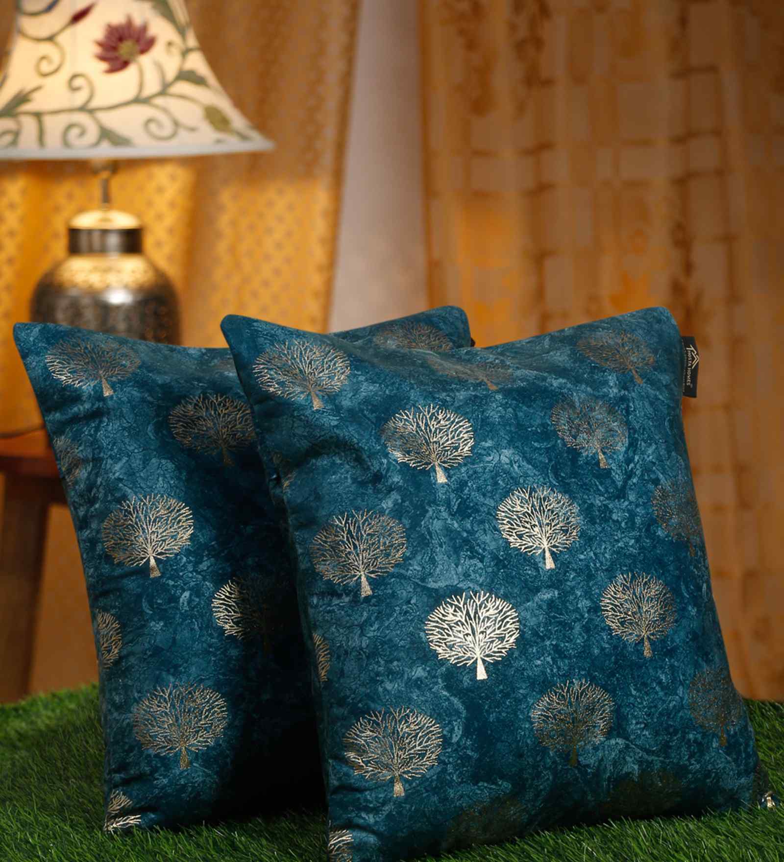 Blue Velvet Floral 16X16 Inches Cushion Covers (Pack of 2)
