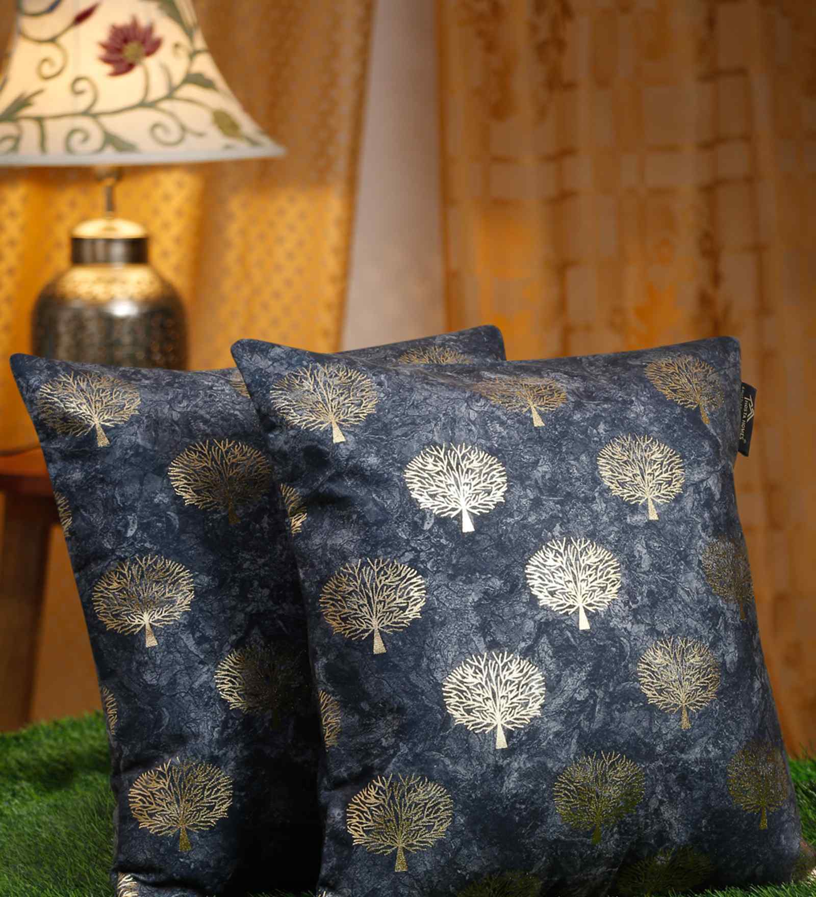 Blue Velvet Floral 16X16 Inches Cushion Covers (2Pcs)