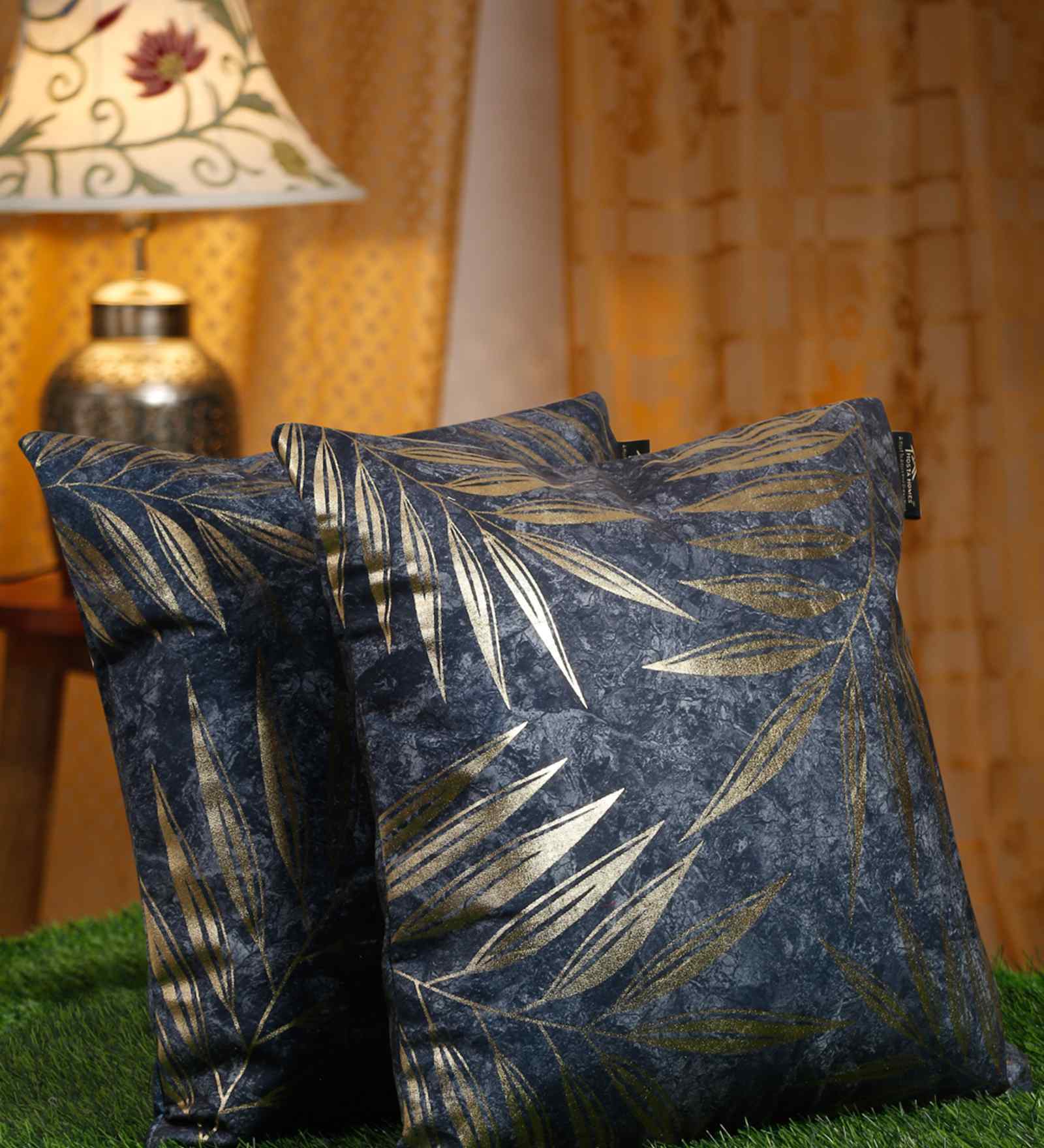 Blue Velvet Floral 16X16 Inches Cushion Covers (Pack of 2)