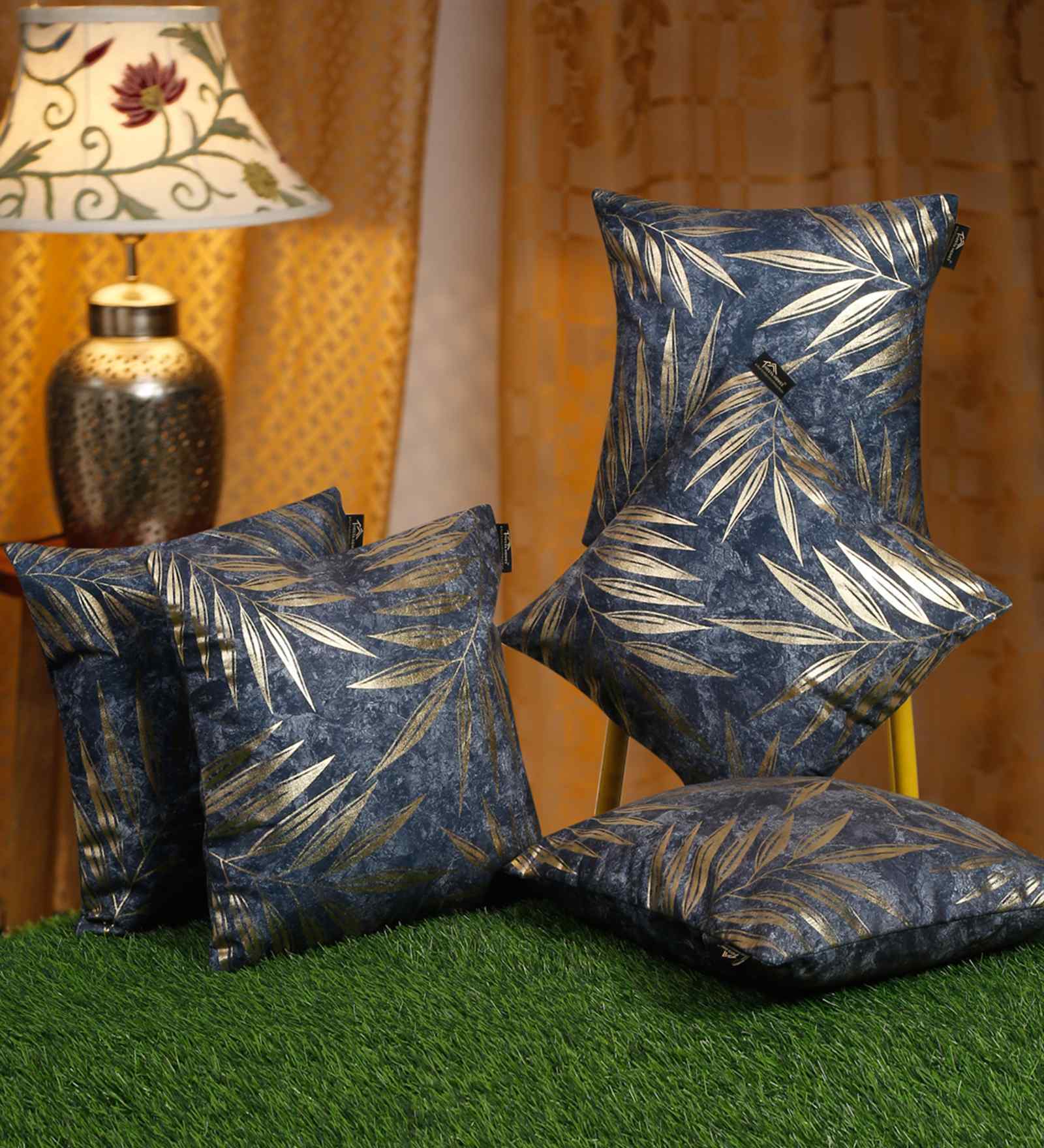 Blue Velvet Floral 16X16 Inches Cushion Covers (5Pcs)