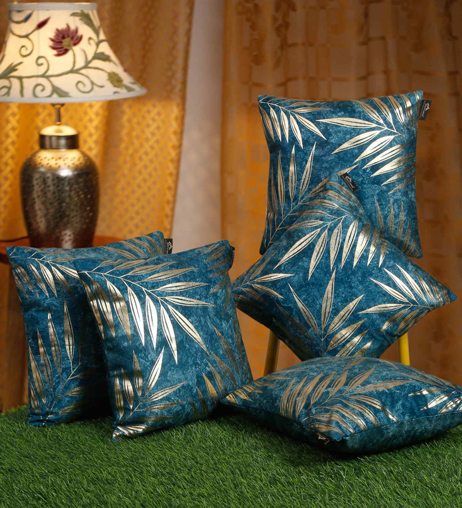Blue Velvet Floral 16X16 Inches Cushion Covers (5Pcs)