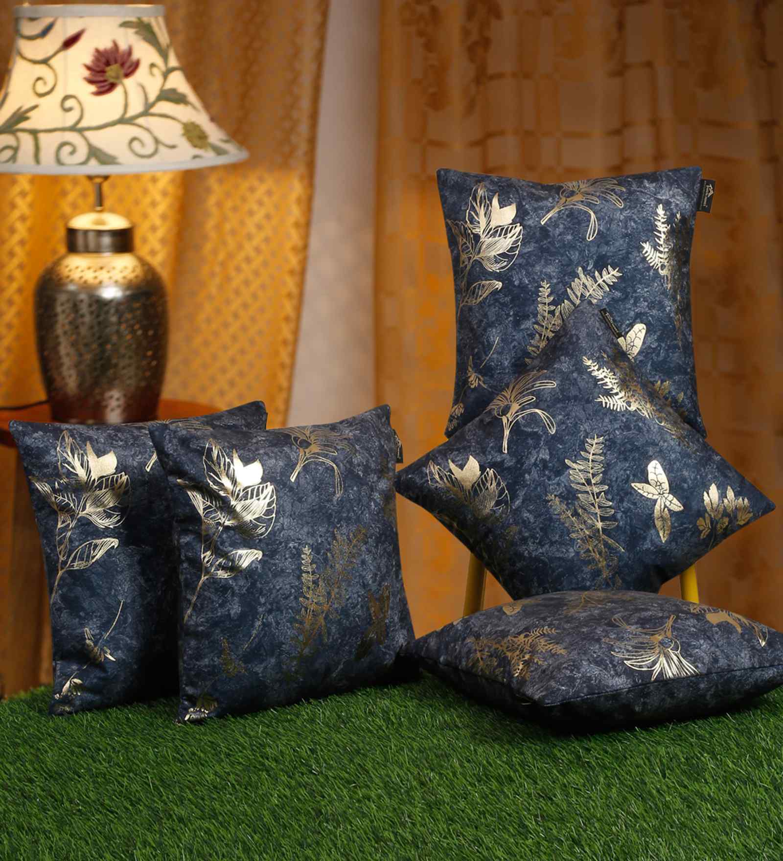 Blue Velvet Floral 16X16 Inches Cushion Covers (5Pcs)