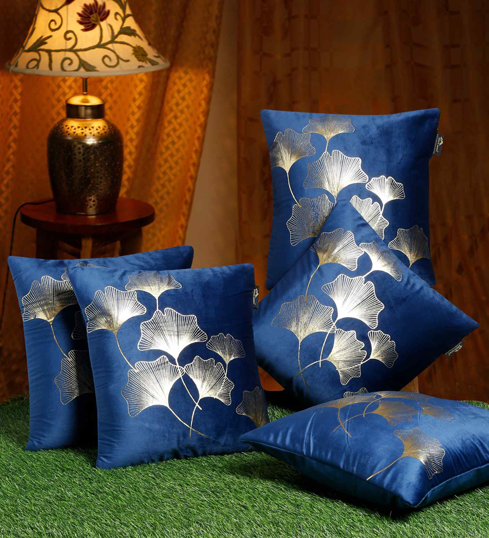 Blue Velvet Floral 16X16 Inches Cushion Covers (Pack of 5)