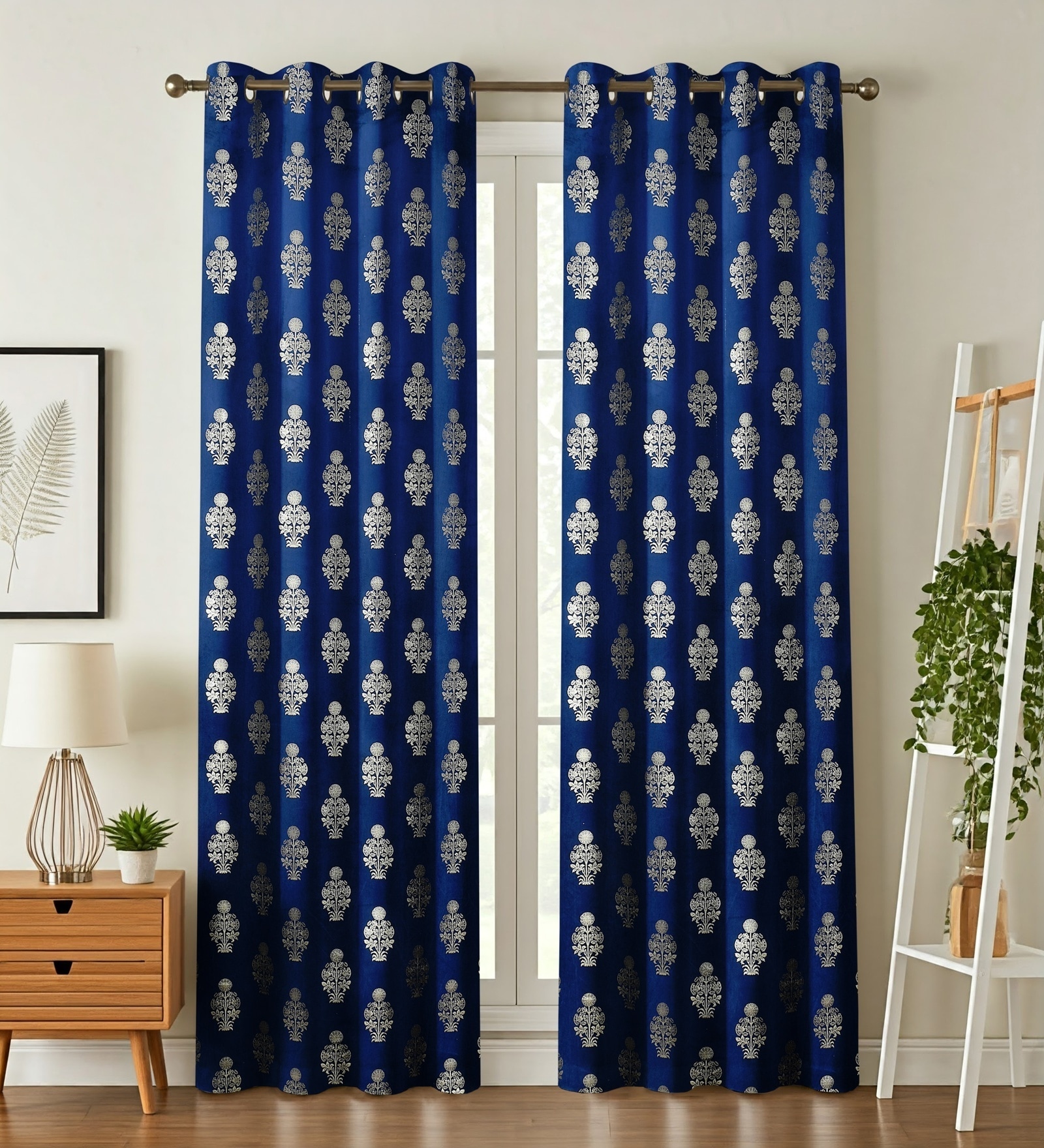 Blue Velvet Floral 9 Foot Ring Top Door Curtain