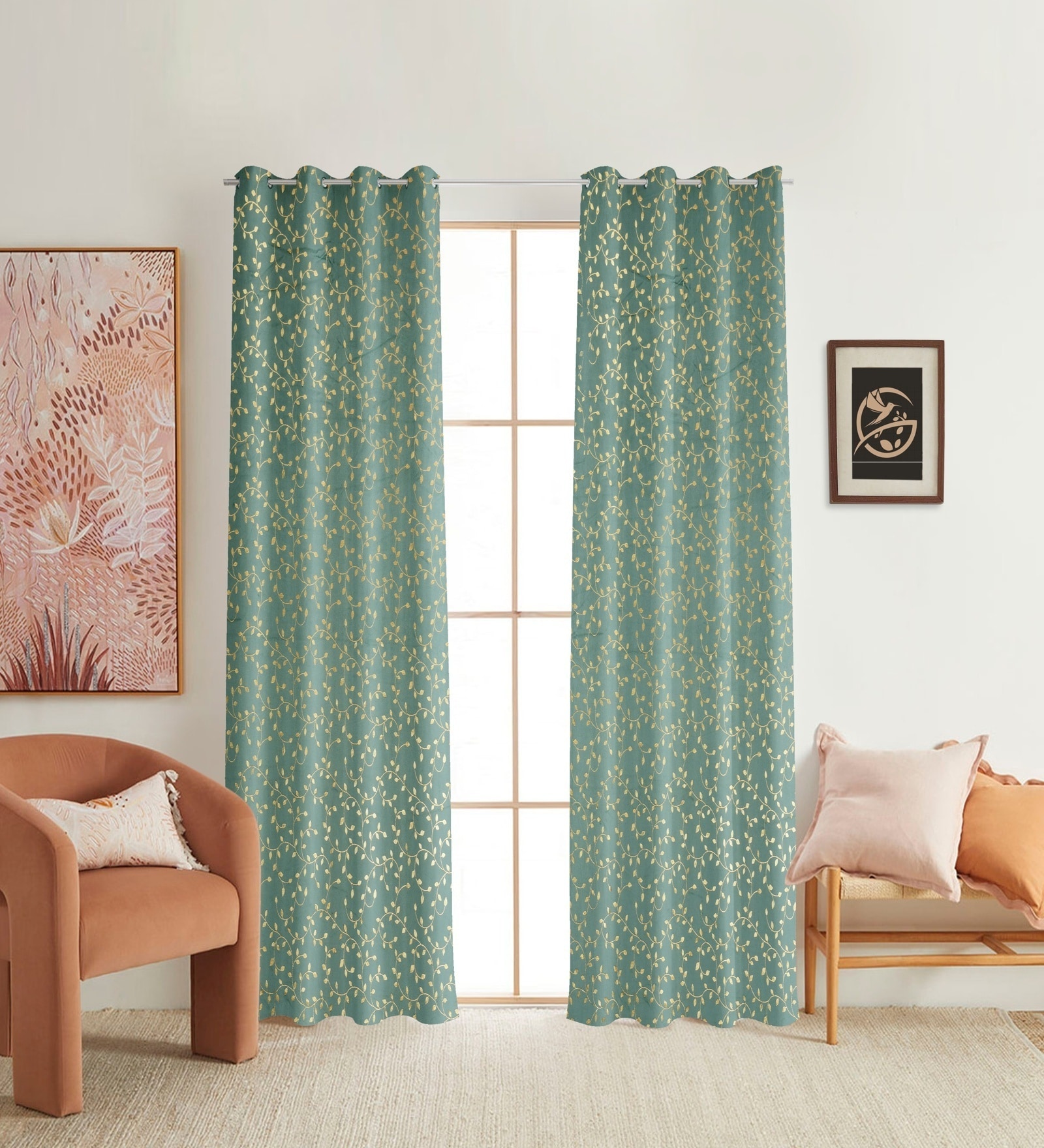Blue Velvet Floral 9 Foot Ring Top Door Curtain