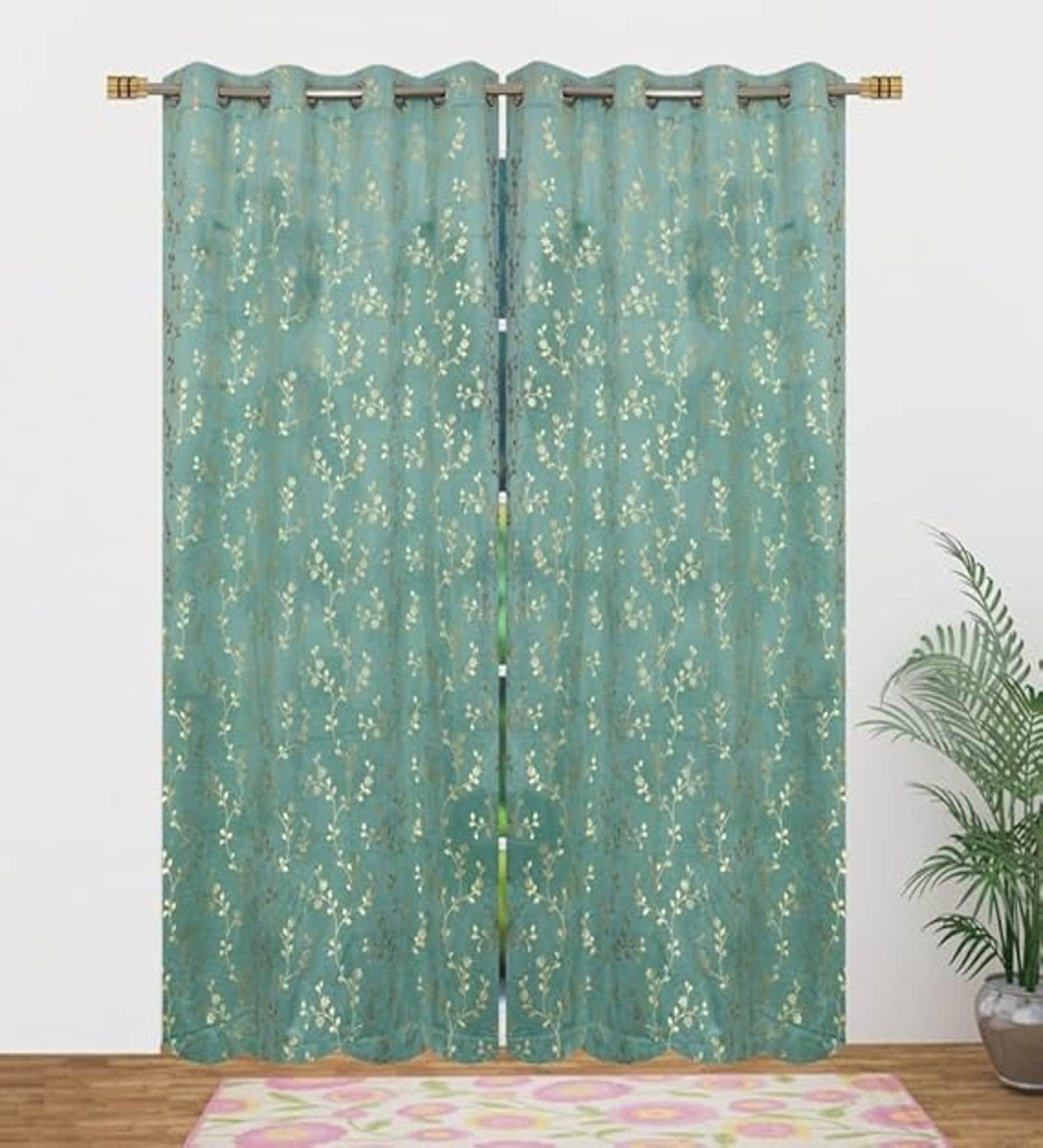 Blue Velvet Floral 9 Foot Ring Top Door Curtains Set Of 2