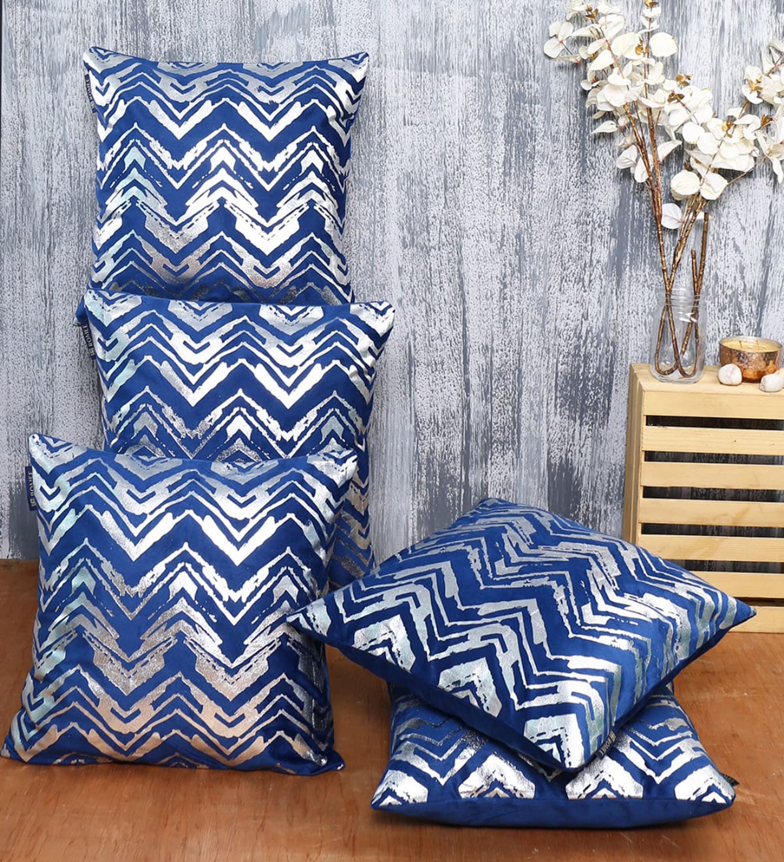 Blue Velvet Foil Printed 40x40 inches Cushion Covers Set of 5