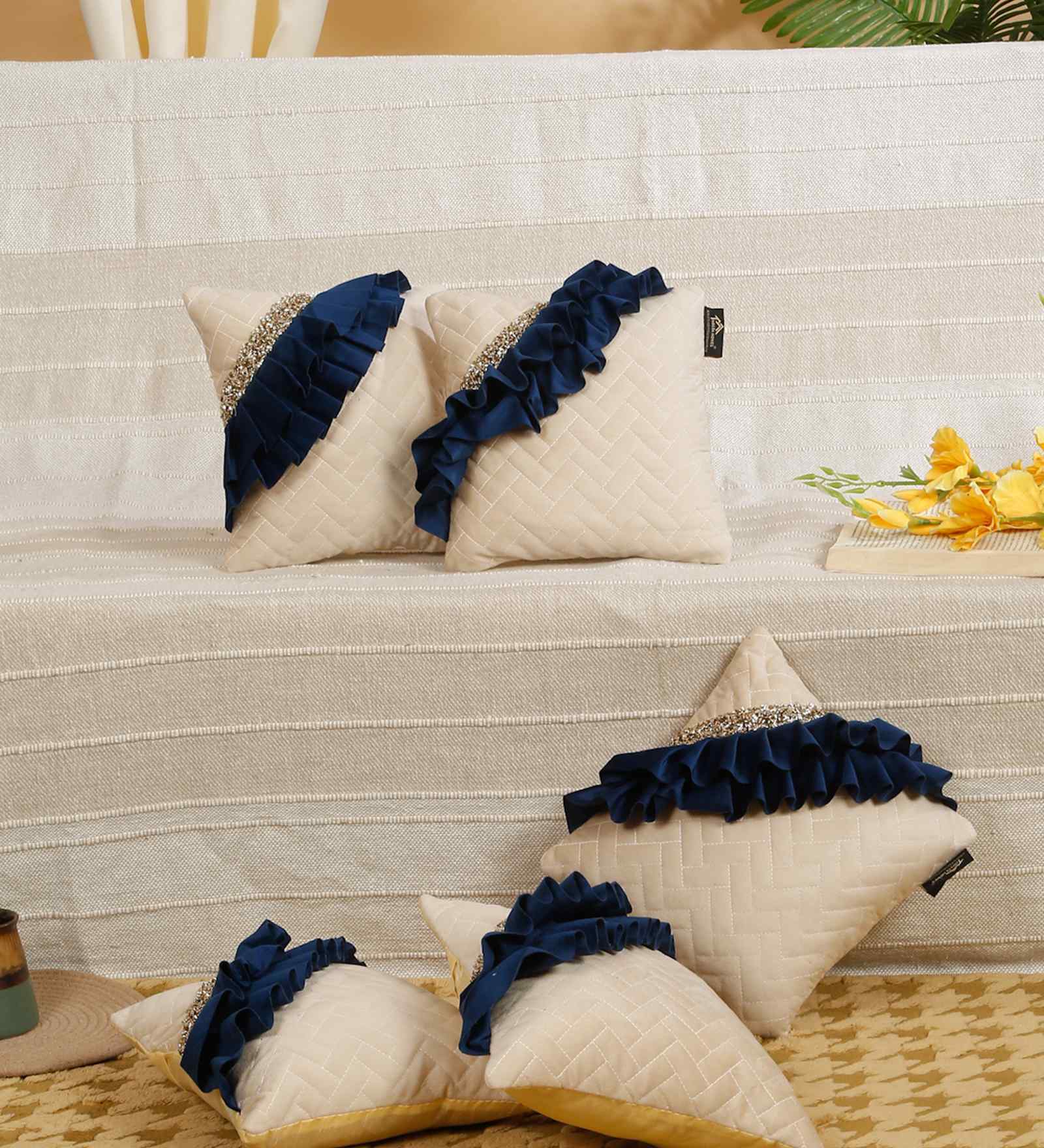 Blue Velvet Geometric 12X12 Inches Cushion Covers (Pack of 5)