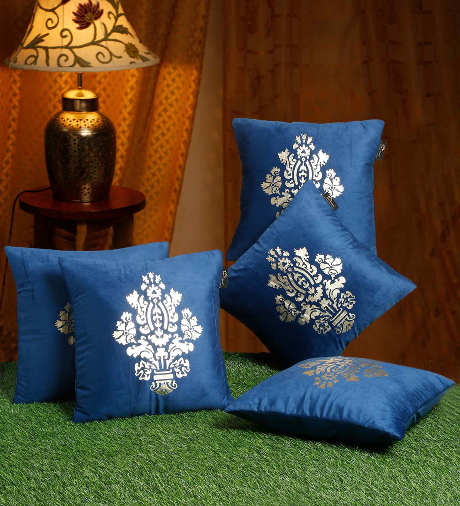 Blue Velvet Abstract 16X16 Inches Cushion Covers (5Pcs)