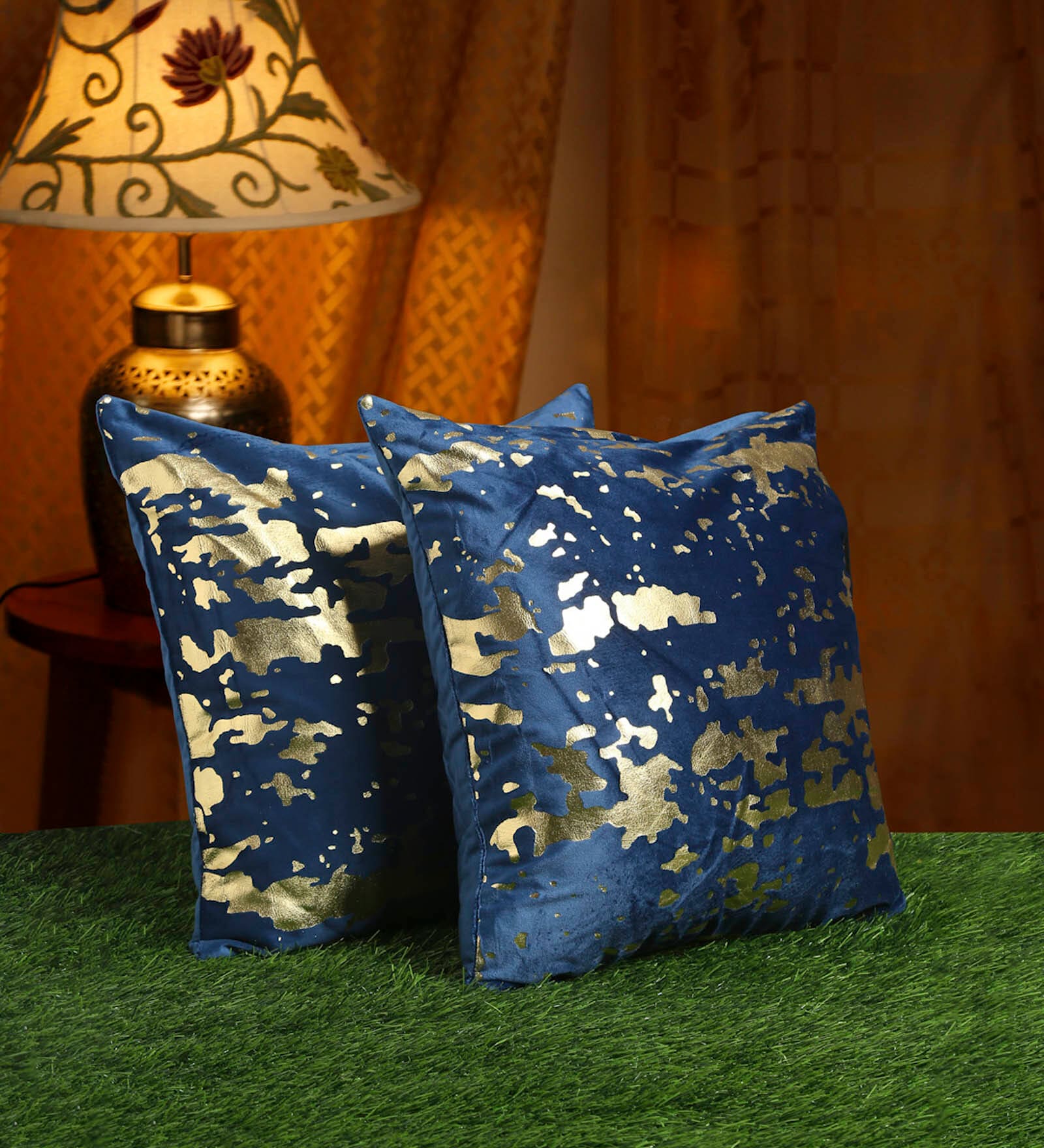 Blue Abstract Velvet 16 x 16 Inches Cushion Covers (Set of 2)