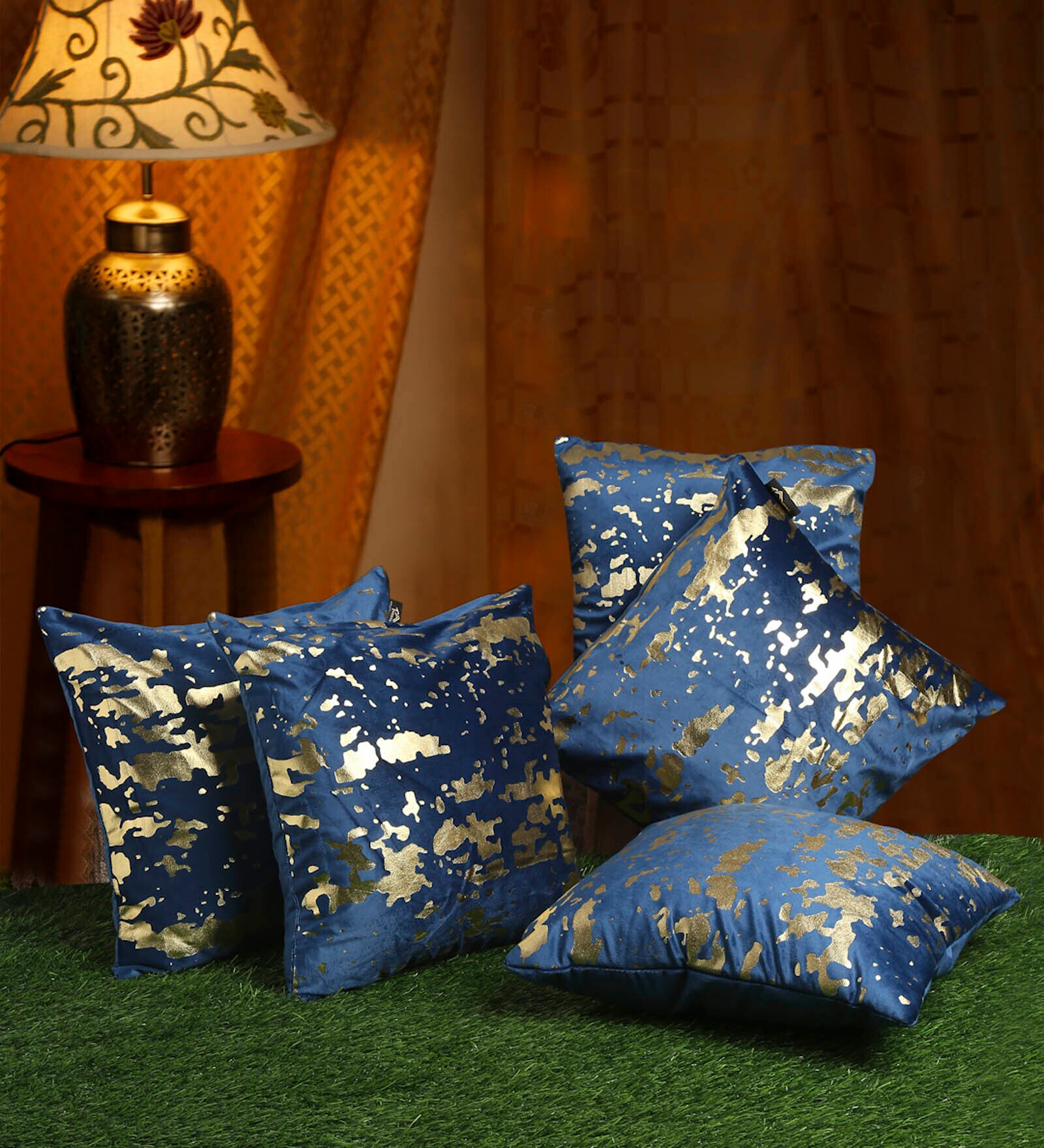 Blue Abstract Velvet 16 x 16 Inches Cushion Covers (Set of 5)