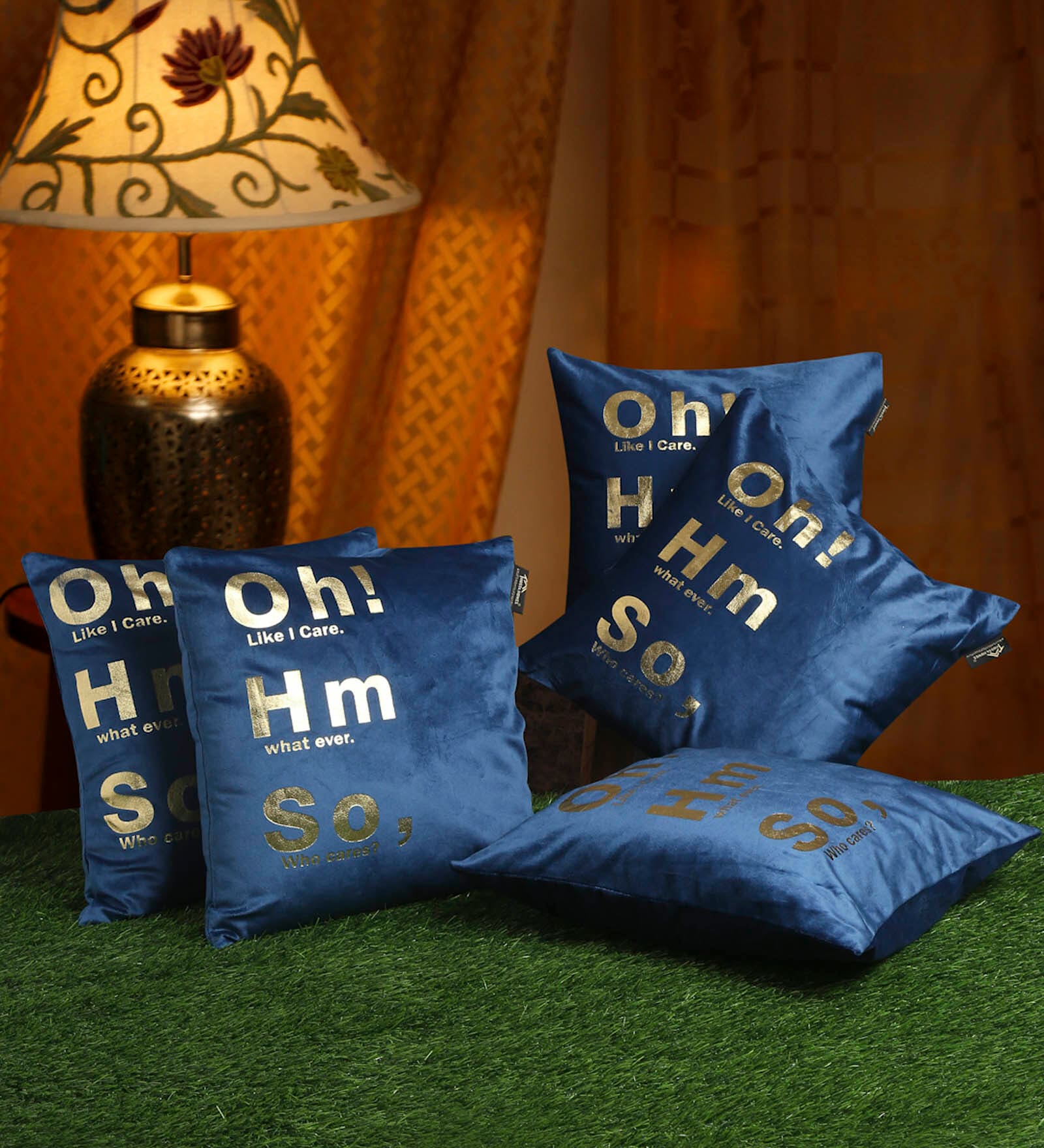 Blue Quoted Velvet 16 x 16 Inches Cushion Covers (Set of 5)