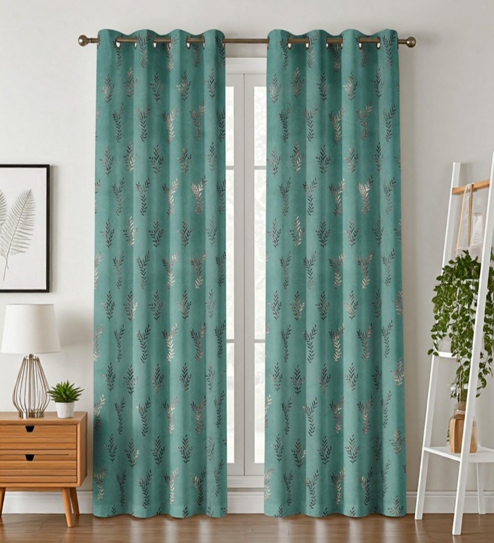 Blue Velvet Leaf Print 7Ft Ring Top Door Curtain Pack of 1