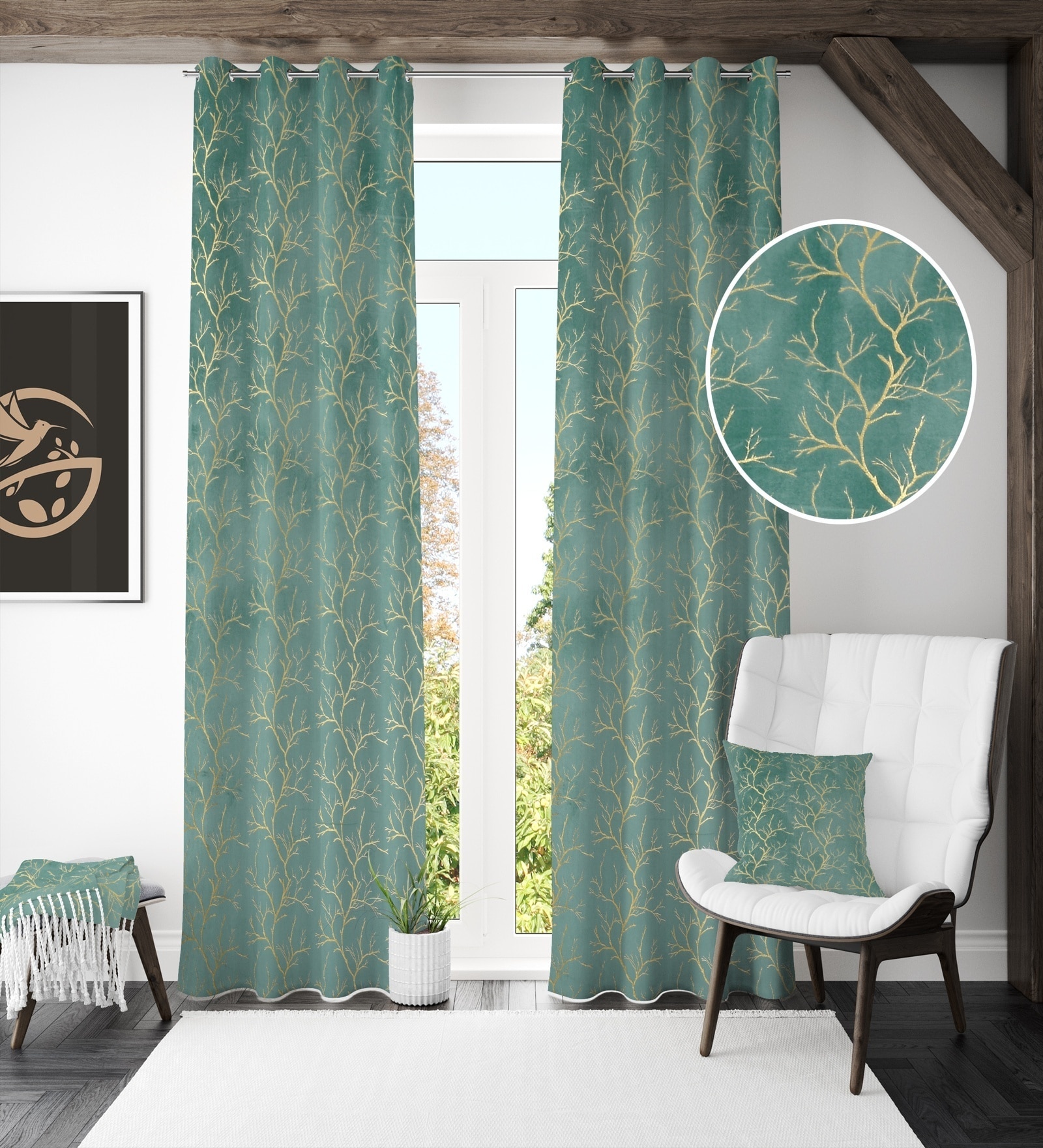 Blue Velvet Tree Branch  7 Foot Ring Top Door Curtain