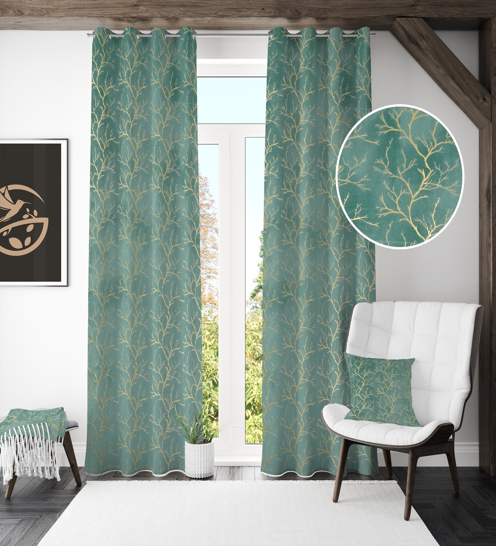 Blue Velvet Tree Branch  7 Foot Ring Top Door Curtains Set Of 2