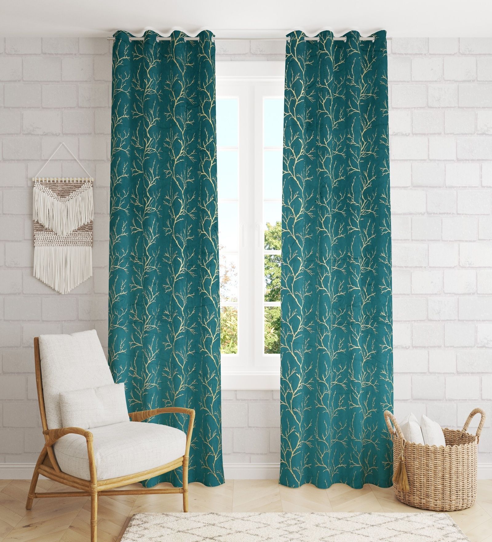 Blue Velvet Tree Branch  9 Foot Ring Top Door Curtain