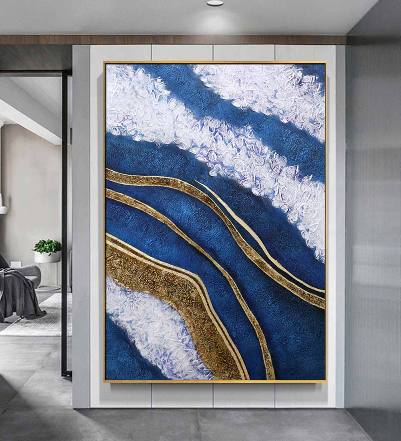 Blue Vertical Abstract Canvas Framed Acrylic Paint Hand Paintings