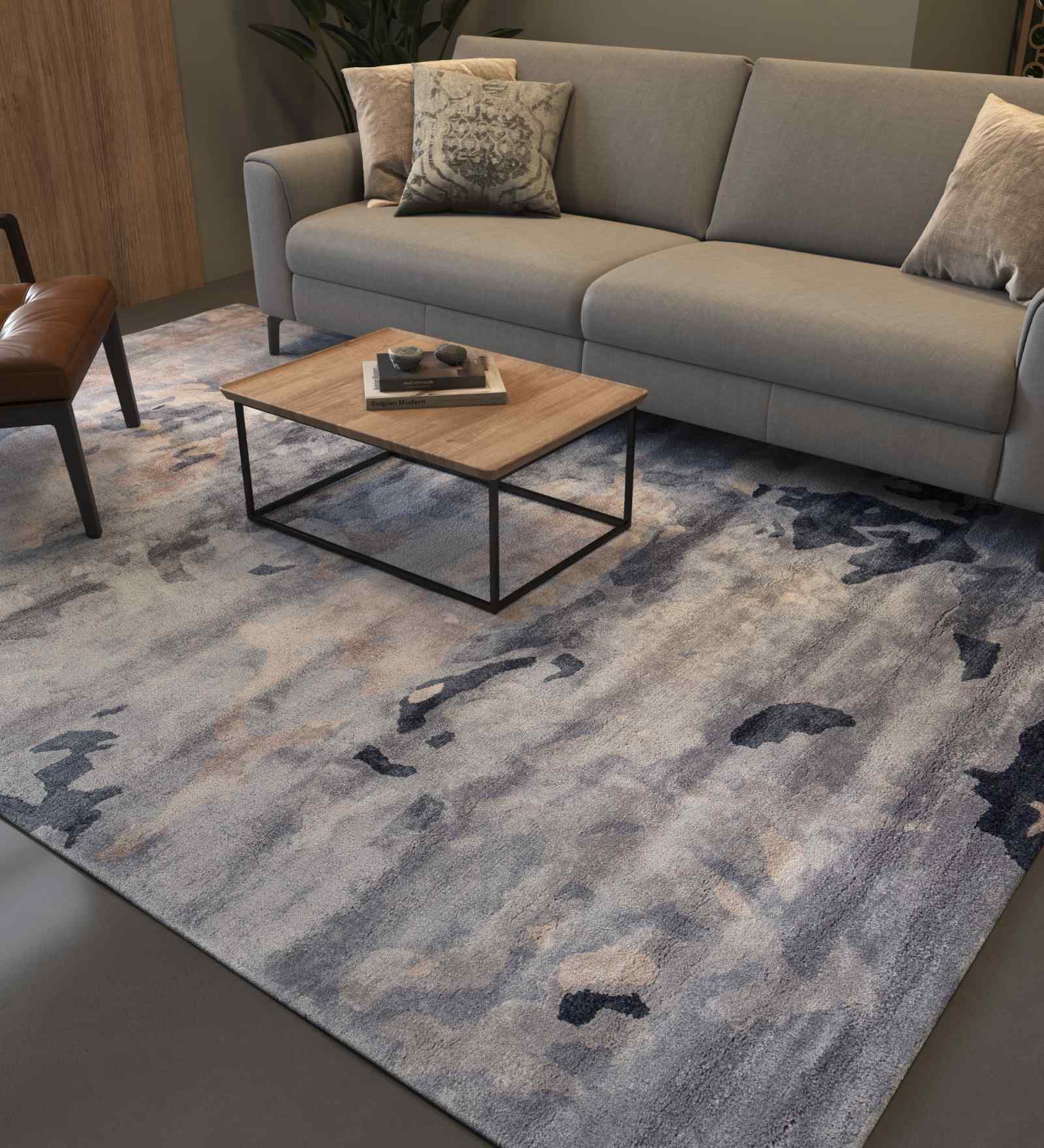 Blue Viscose Abstract 5 Ft X 8 Ft Hand Tufted Carpet