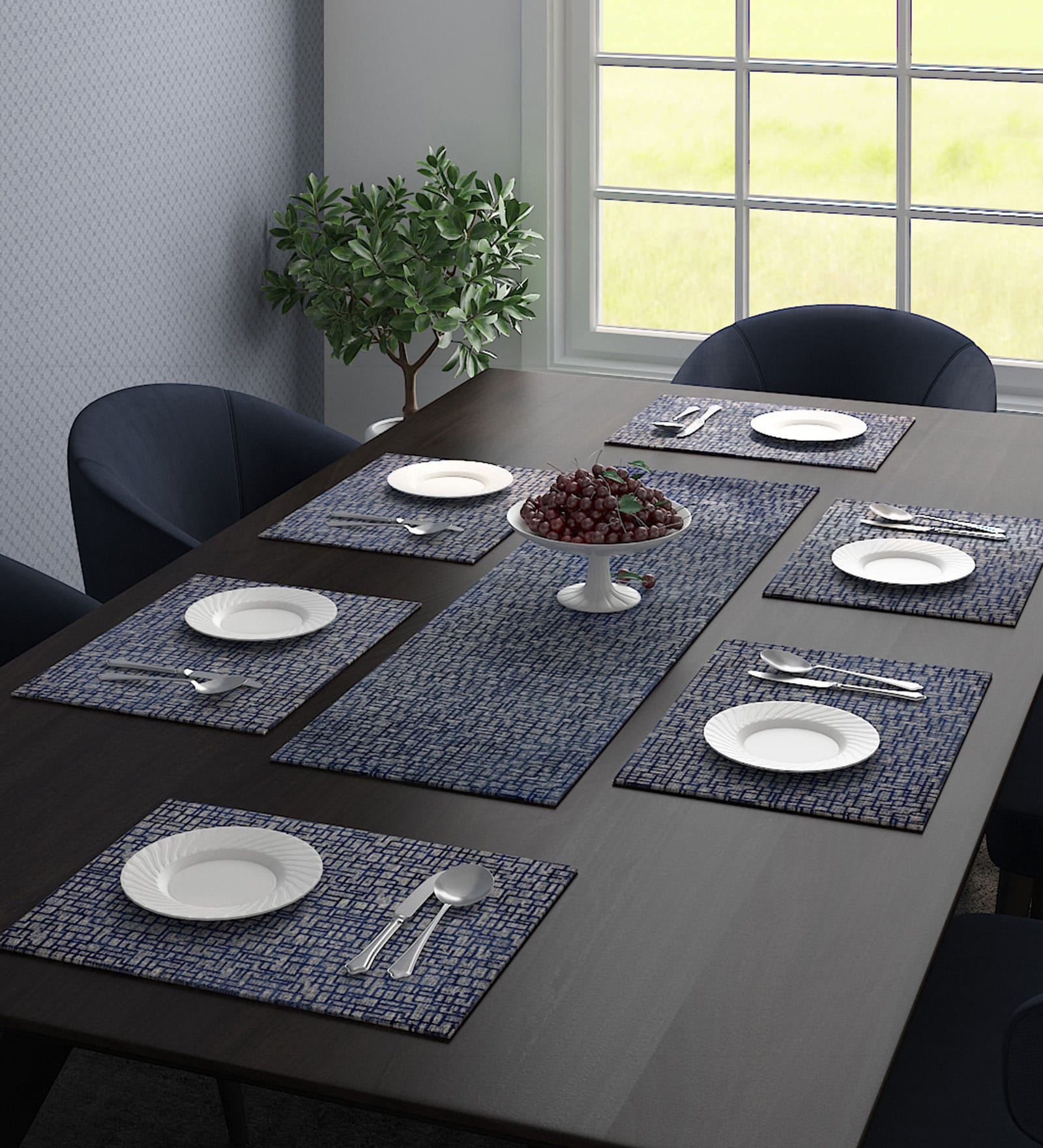 Ori (18x13) Blue Polyester (Set of 7) Table Linen Set