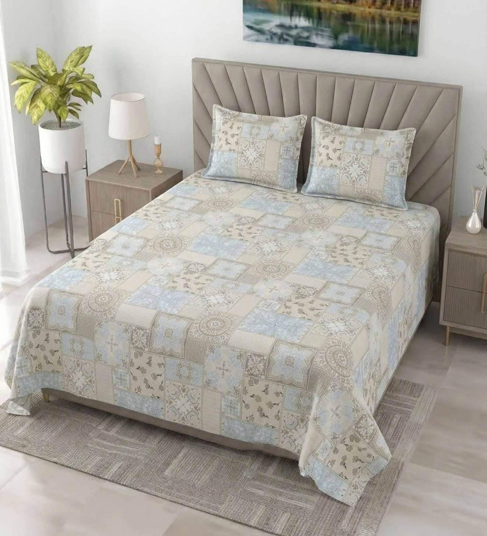 Blue Walnut Metro 186 TC Cotton King Bedsheet With 2 Pillow Covers