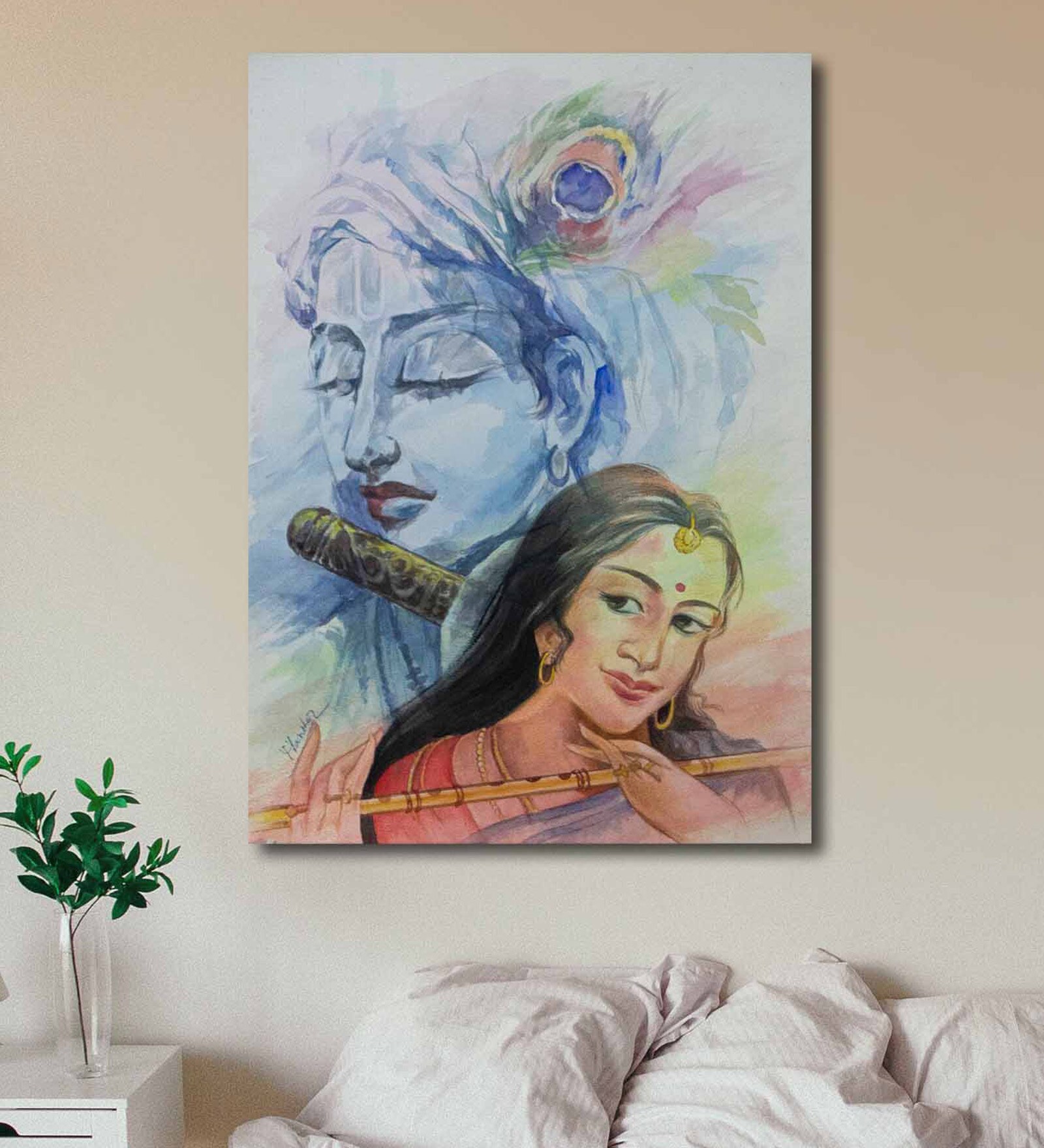 Blue Watercolor Handmade Paper Radha Krishna Musical Love Unframed Original Painting