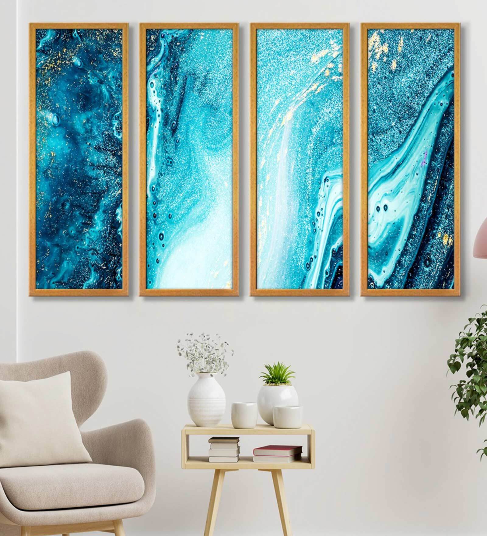 Waves Multicolour Canvas Framed Abstract Art Panel Set of 4