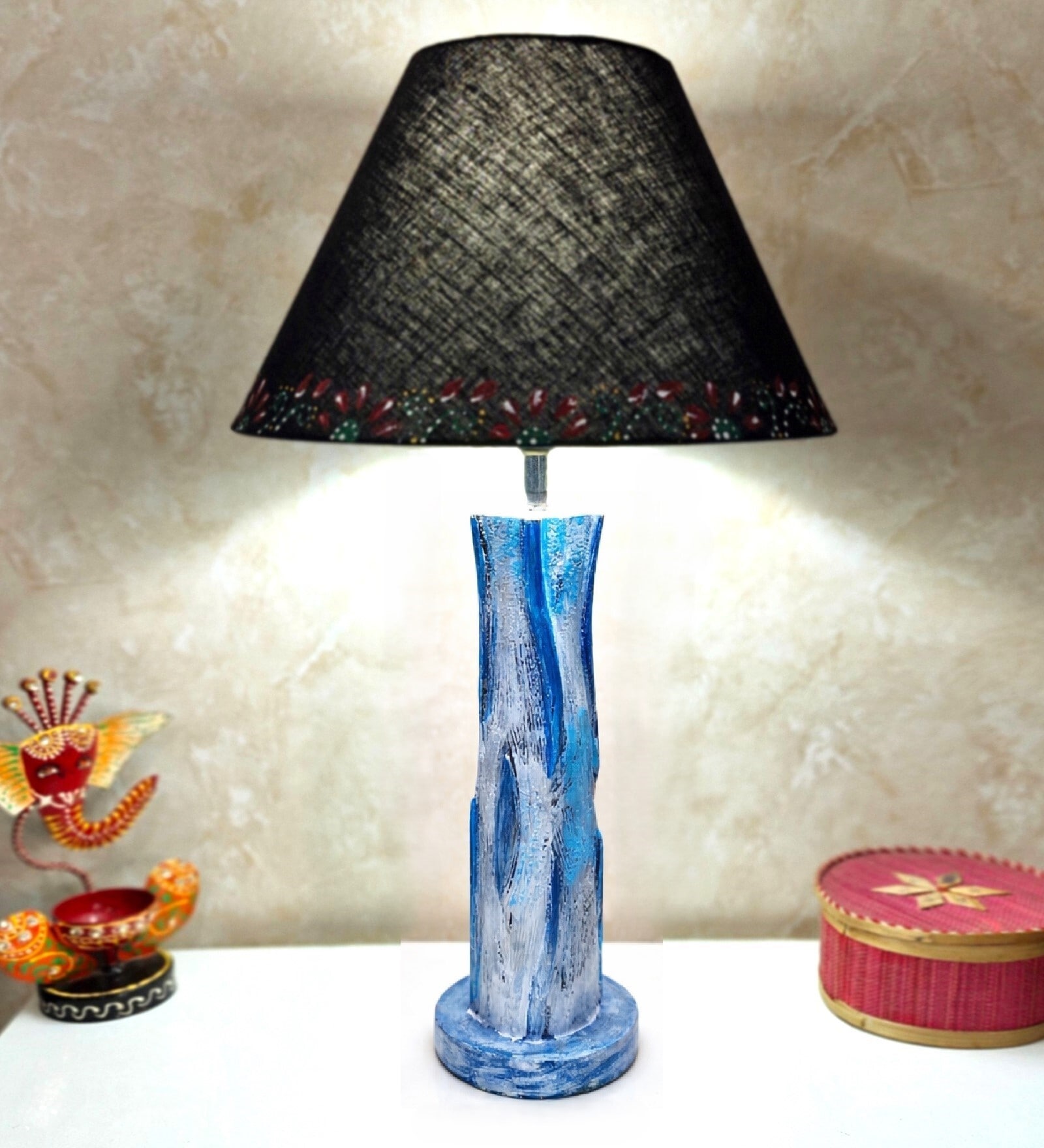 Blue White Handmade Distress wooden Table lamp in Vase design in Rustic Bark finish with Handpainted Border on Black fabric shade