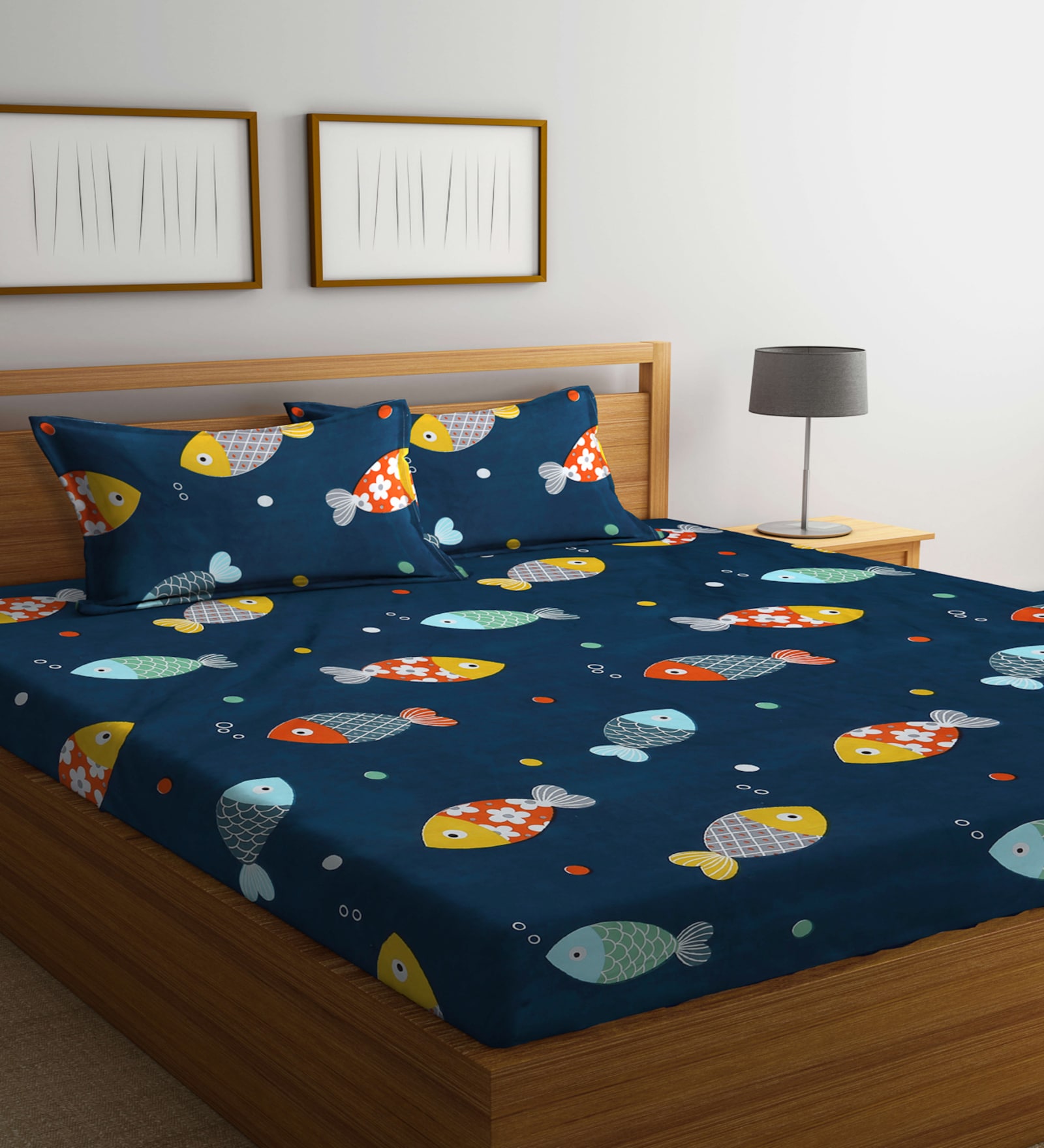 Blue Wildlife 300 TC Cotton Blend Double Queen Size Bedsheet With 2 Pillow Covers