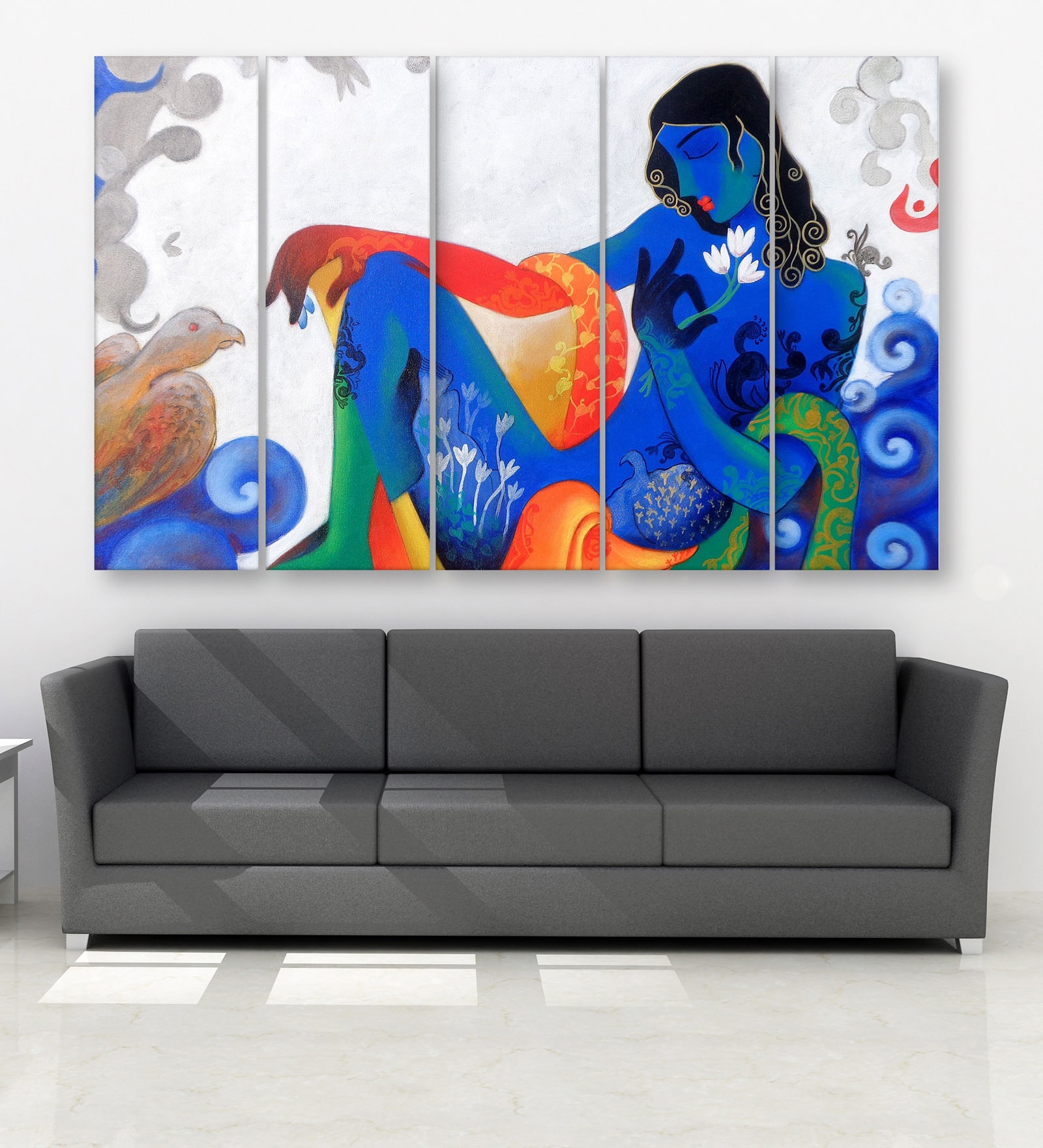 Blue Wood Multiple Frames Beautiful Lord Krishna Art Panels