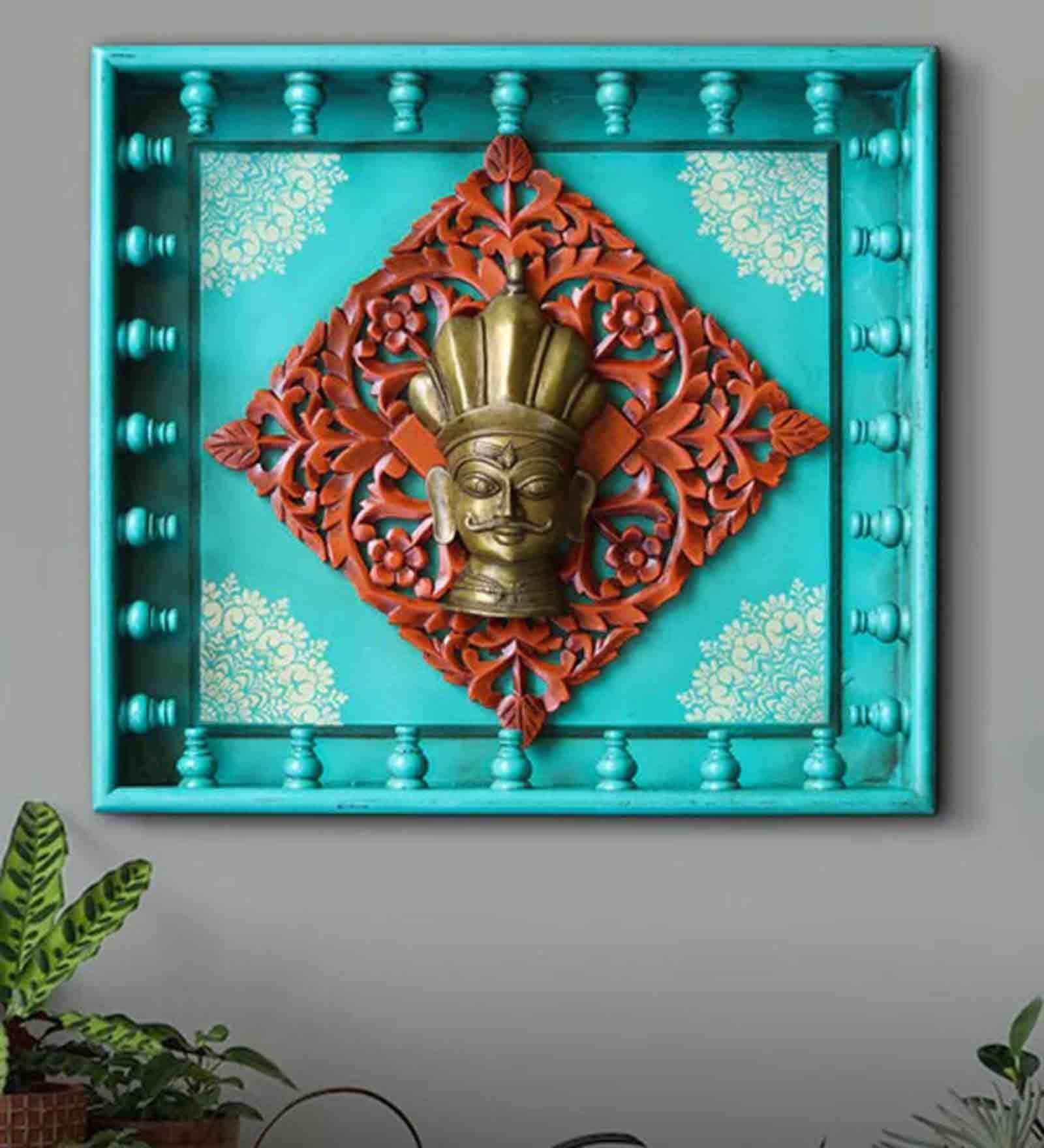 Multicoloured Wooden And Brass Nandi Framed Wall Art