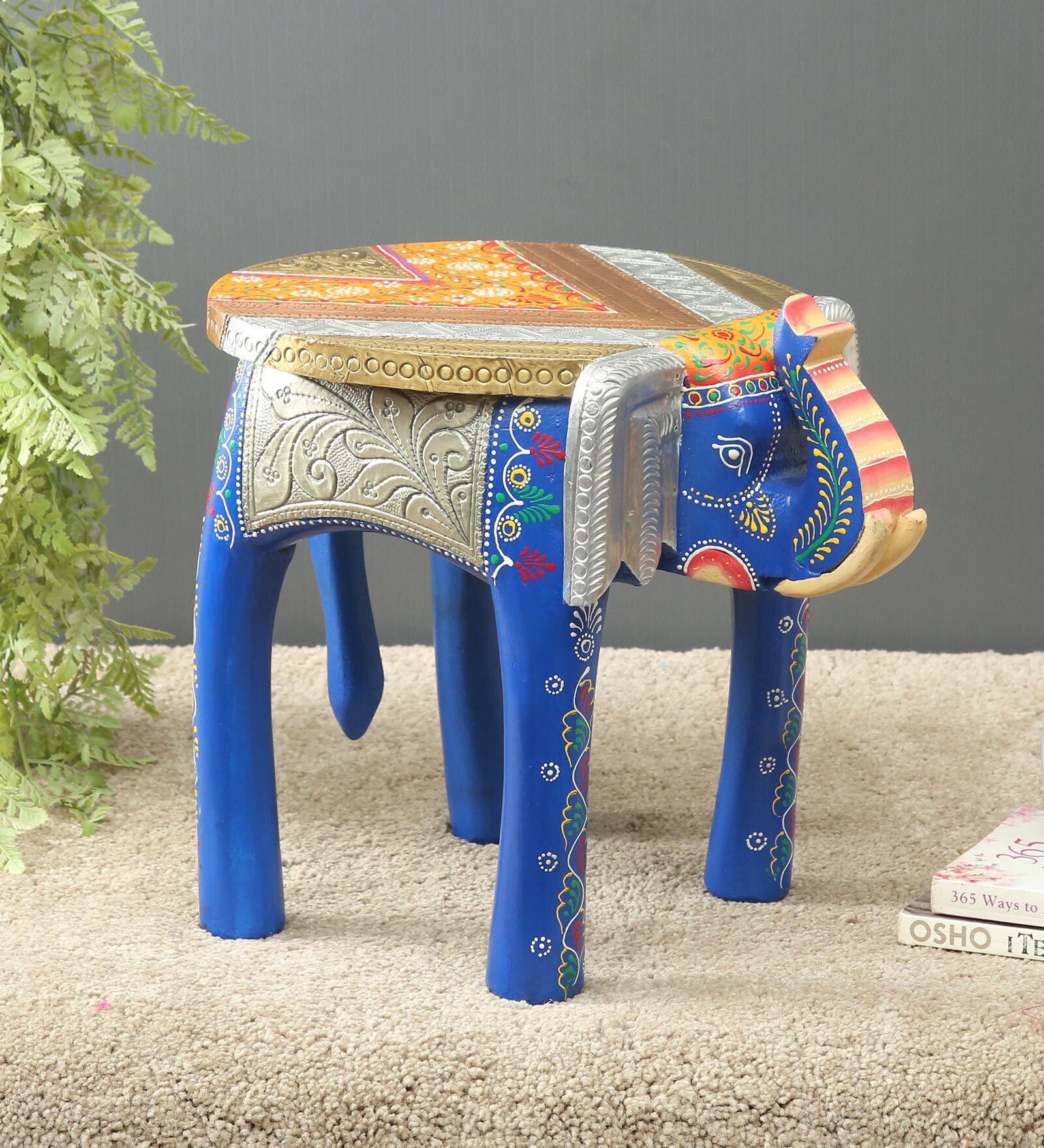 Blue Wooden Brass Metal Painting Elephant Stool