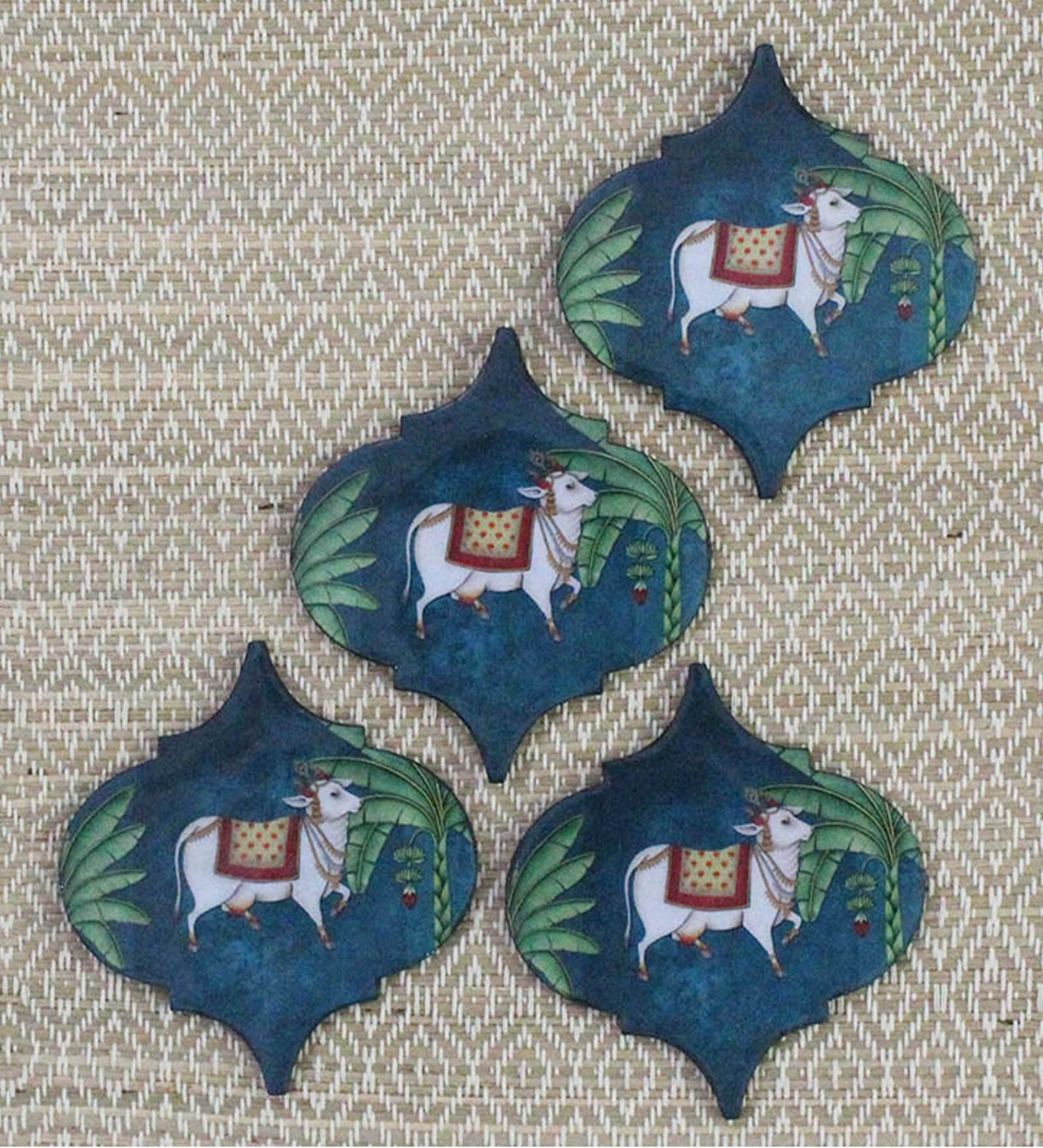 Blue Wooden Coasters Pichwai Set Of 4