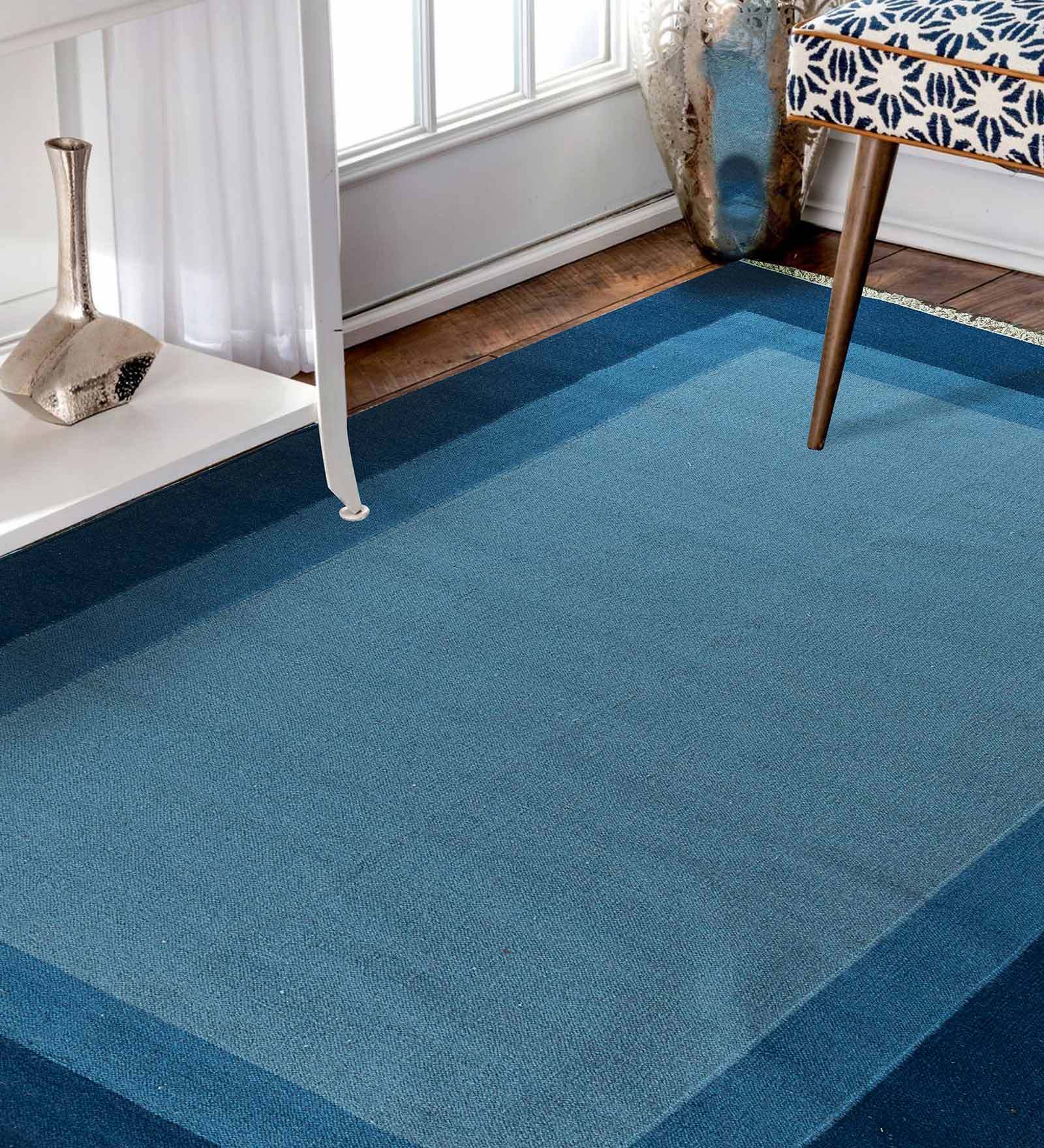 Blue Wool & Cotton Hand Woven 5 X 8 Feet Dhurrie