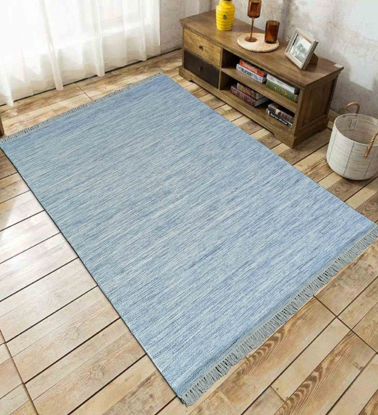 Blue Solid Wool 5 ft x 7 ft Hand Woven Carpet