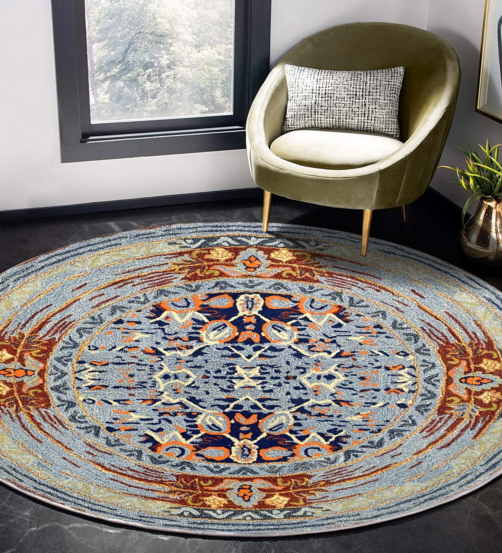 Blue Wool Abstract 5.25 ft x 5.17 ft Hand Tufted Carpet