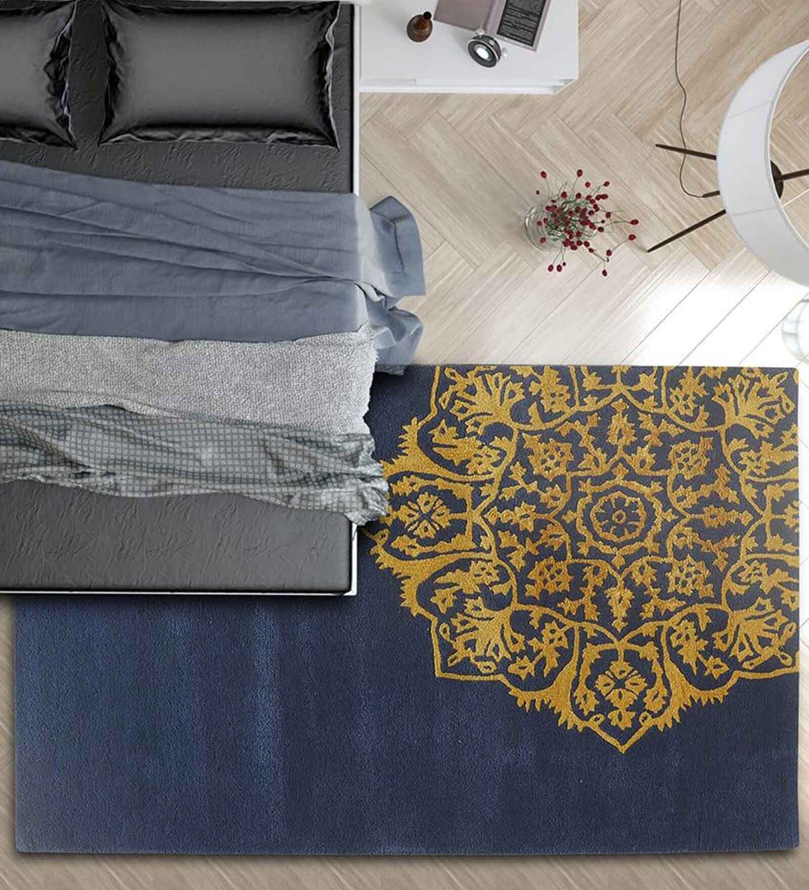 Buy Blue Persian Wool and Art Silk 4 ft x 6 ft Hand Tufted Carpet