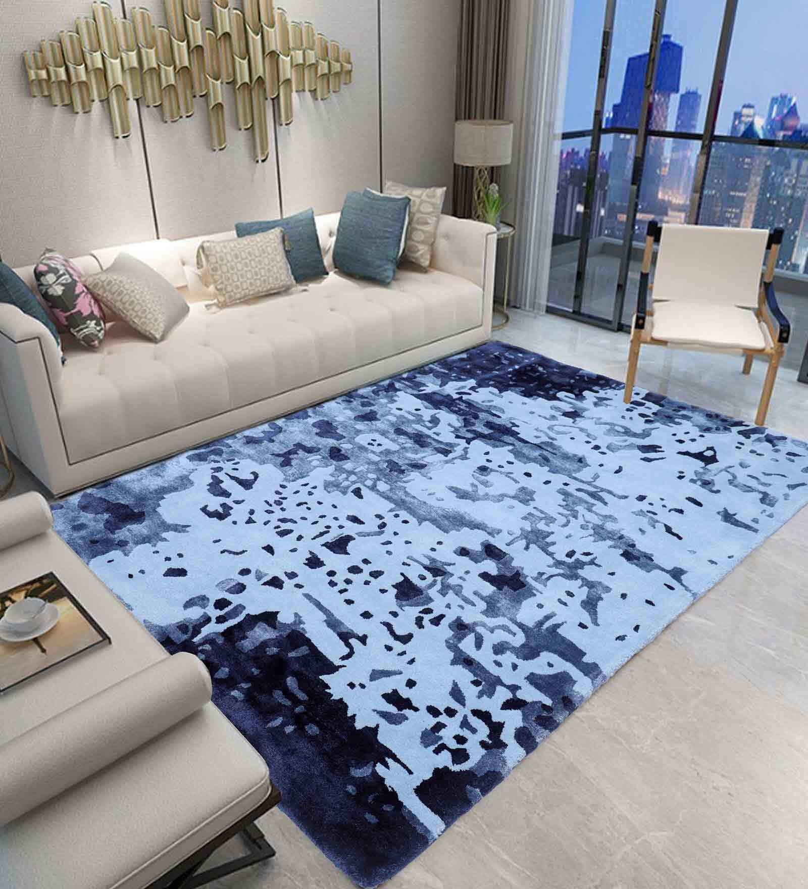 Buy Blue Wool and Viscose Abstract 6 x 8 Feet Hand Tufted Carpet