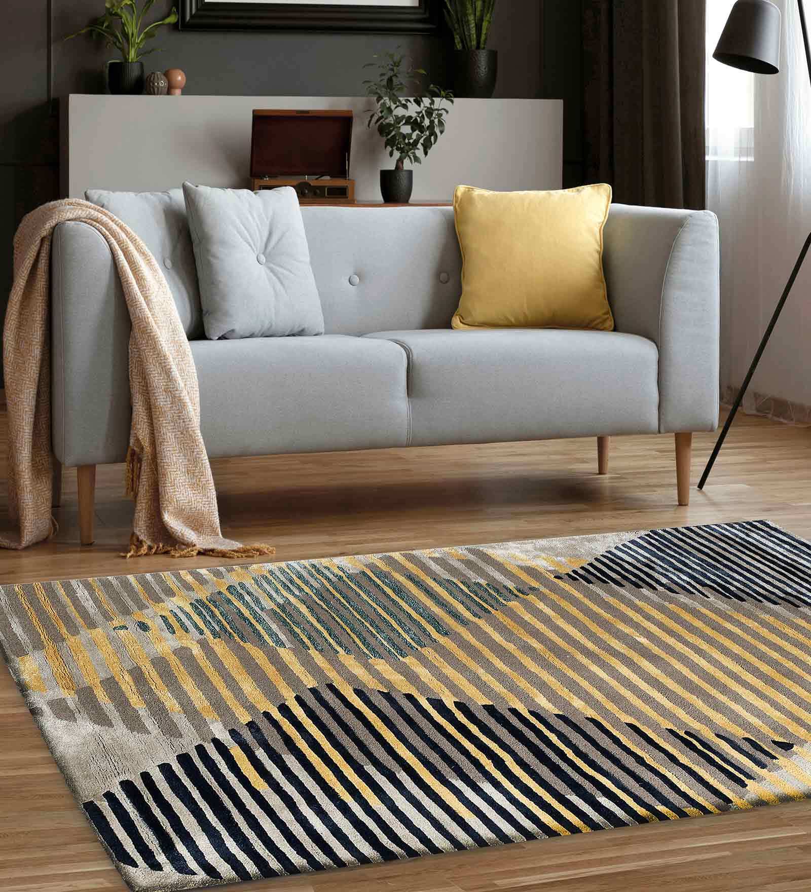 Buy Blue Wool and Viscose Abstract 5 x 7 Feet Hand Tufted Carpet