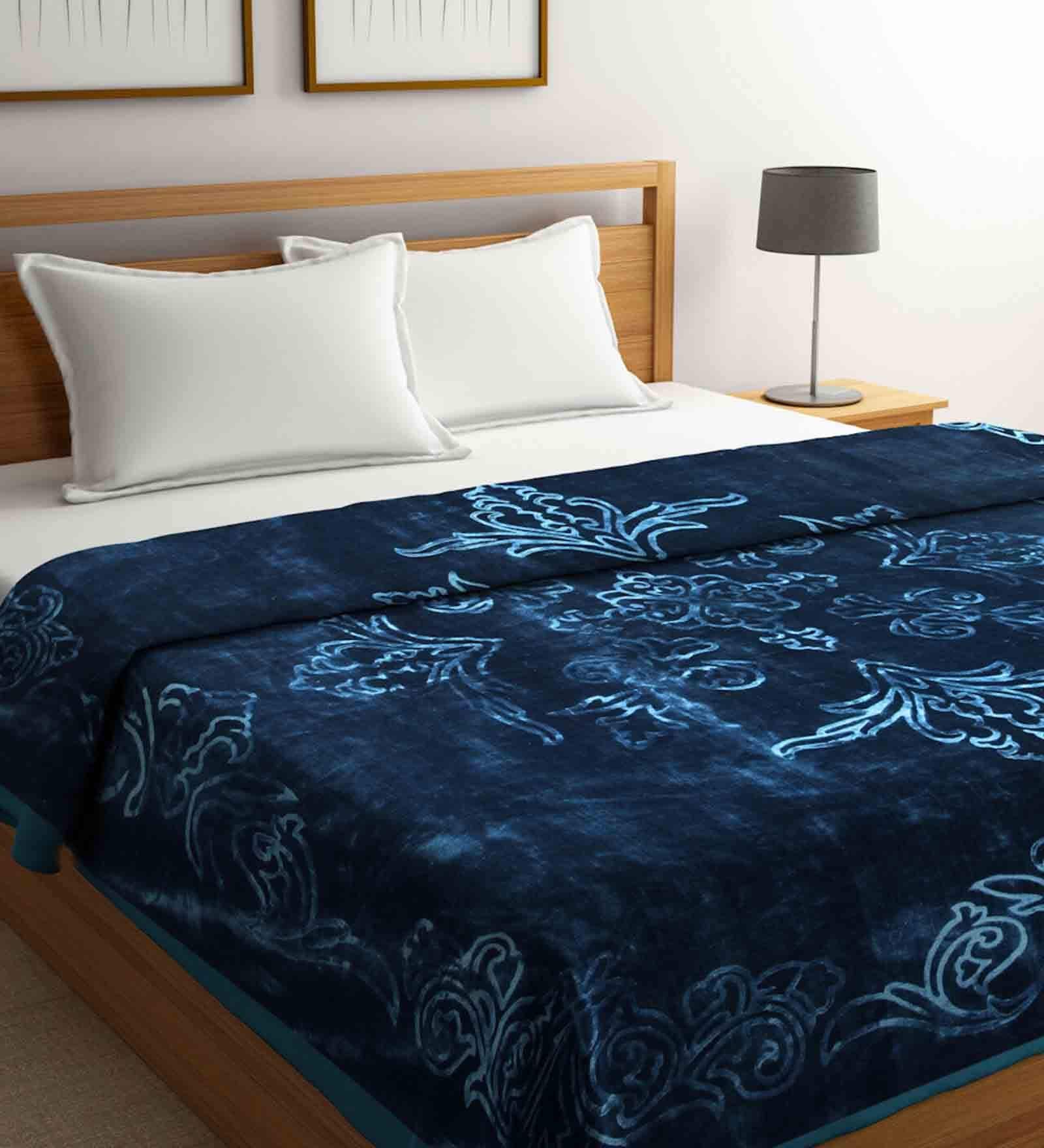 Blue Wool Floral 1000 GSM Heavy Winter Double Bed Blanket