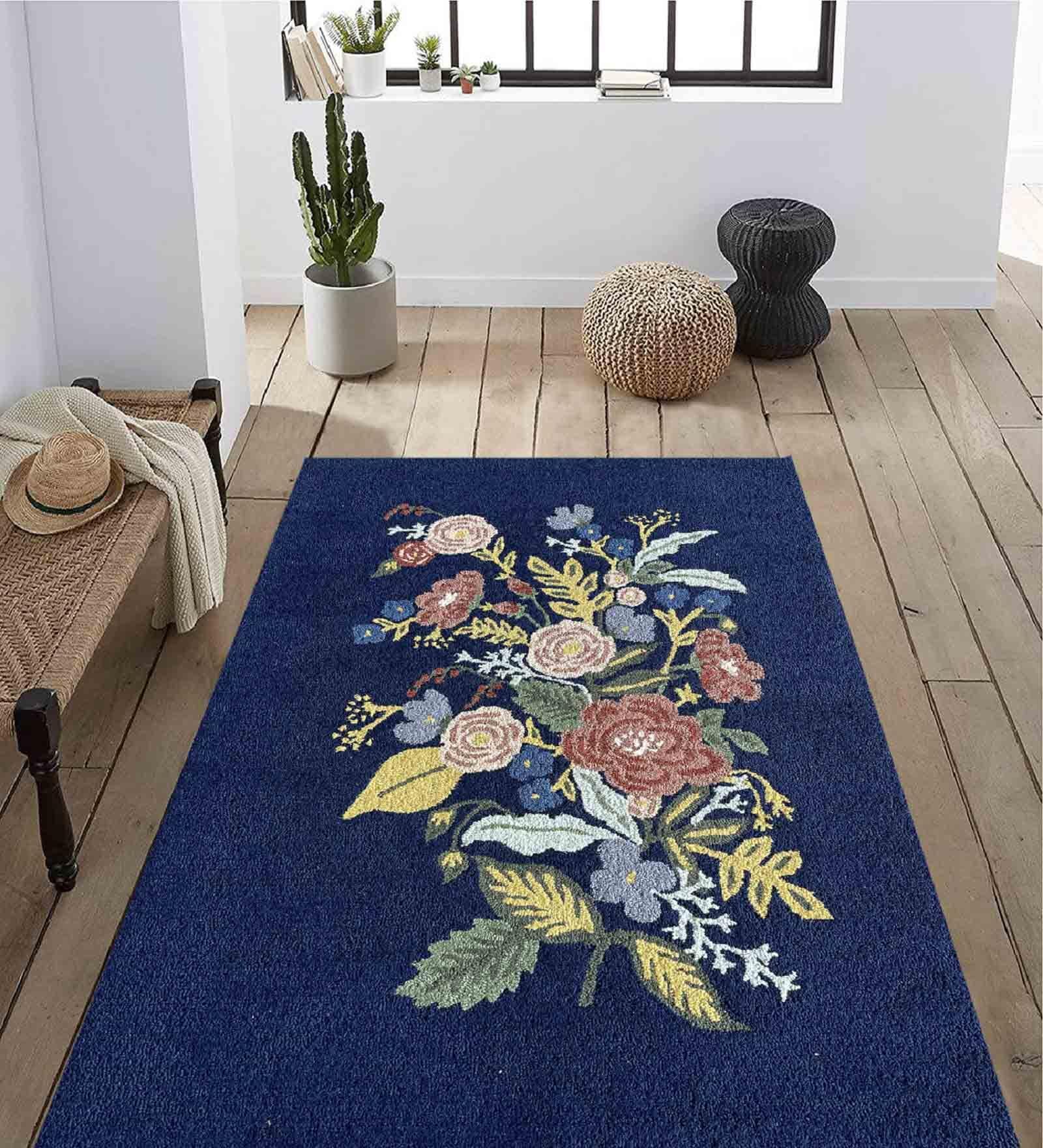 Blue Wool Floral 4 x 6 Feet Hand Tufted Carpet Hand Tufted Carpet