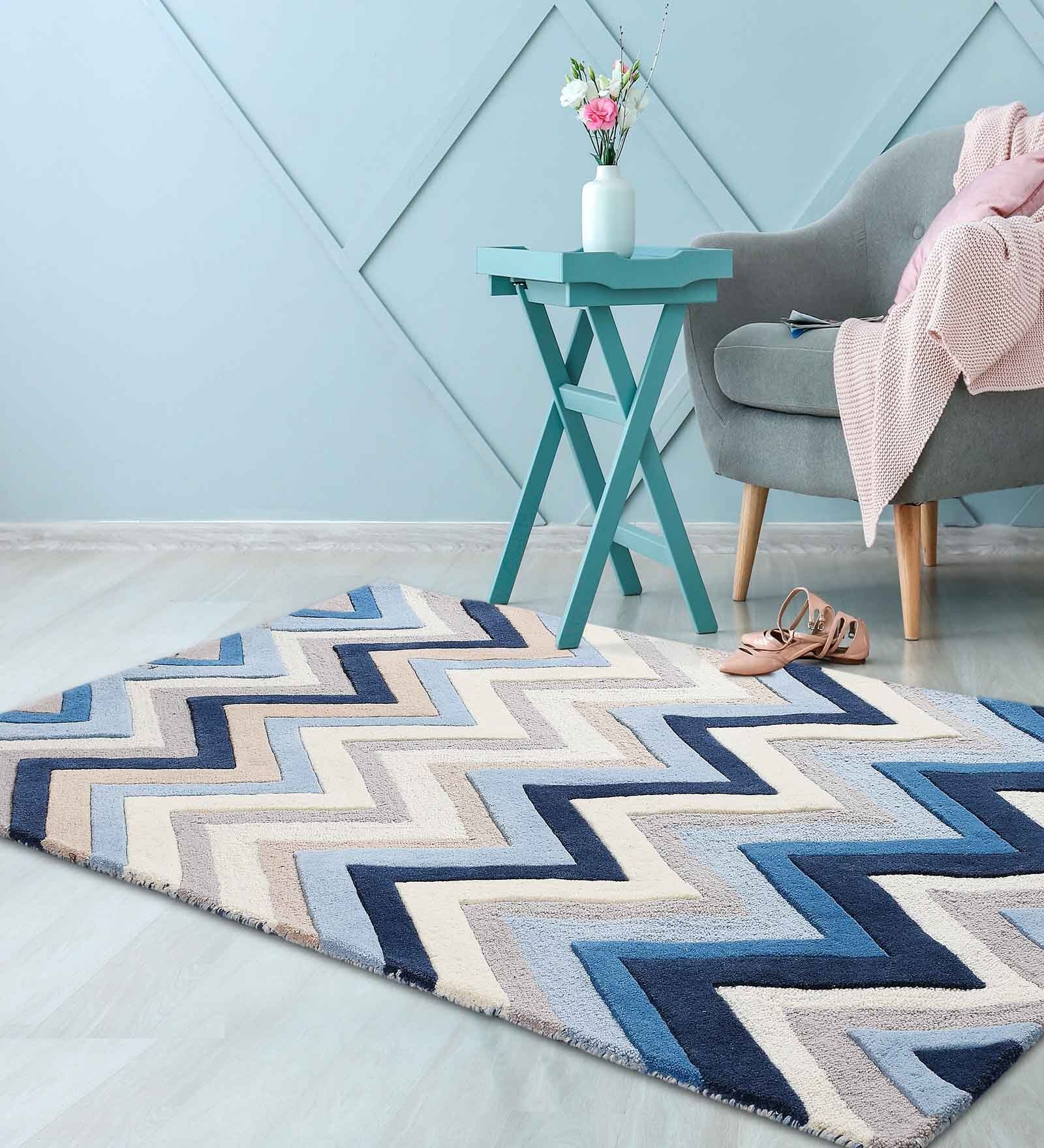 Buy Blue Wool Geometric 5 x 7 Feet Hand Tufted Carpet