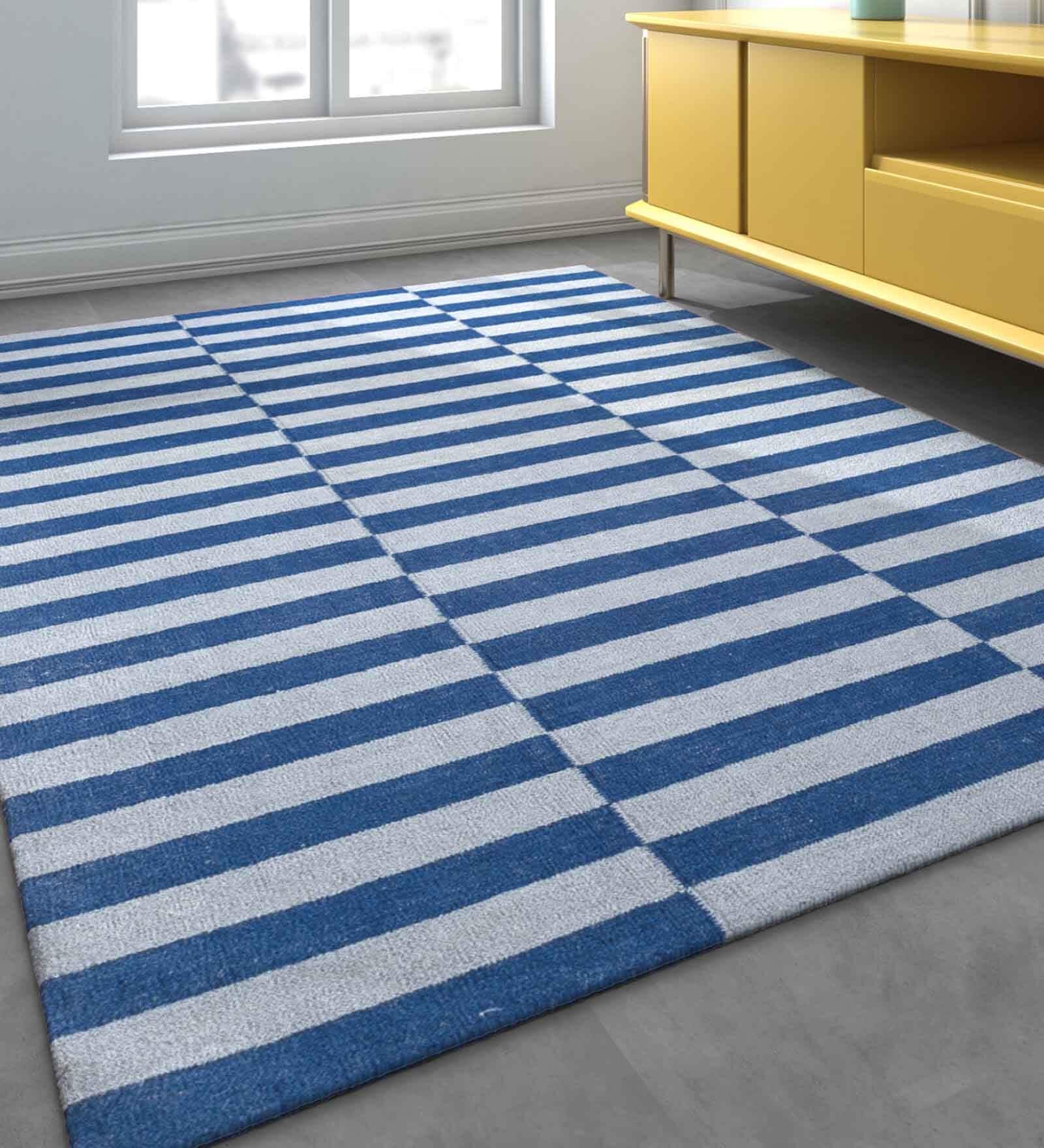 Blue Wool Geometric 60 x 84 Inches Flat Weaves Dhurries