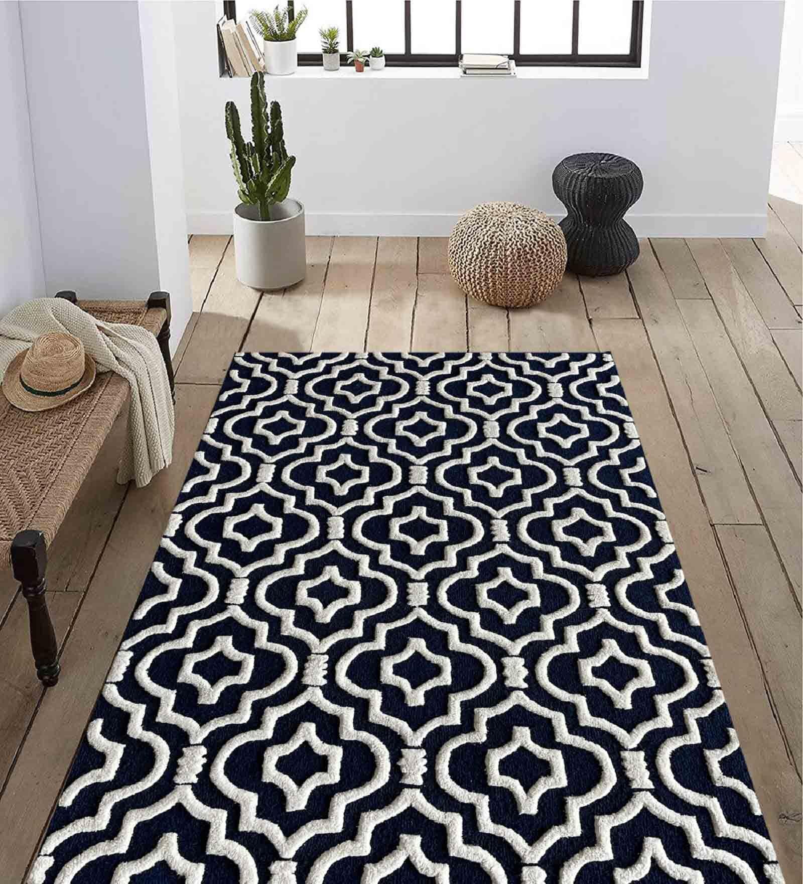 Blue Wool Geometrical 5 x 8 Feet Hand Tufted Carpet