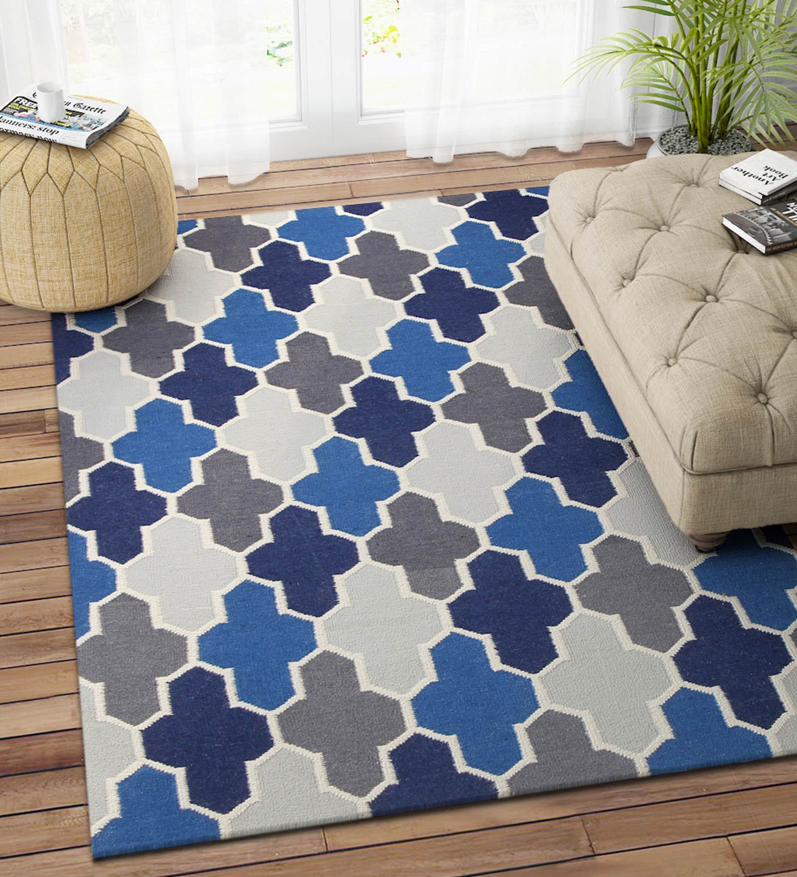 Blue Wool 4 ft X 6 ft Hand Woven Dhurrie