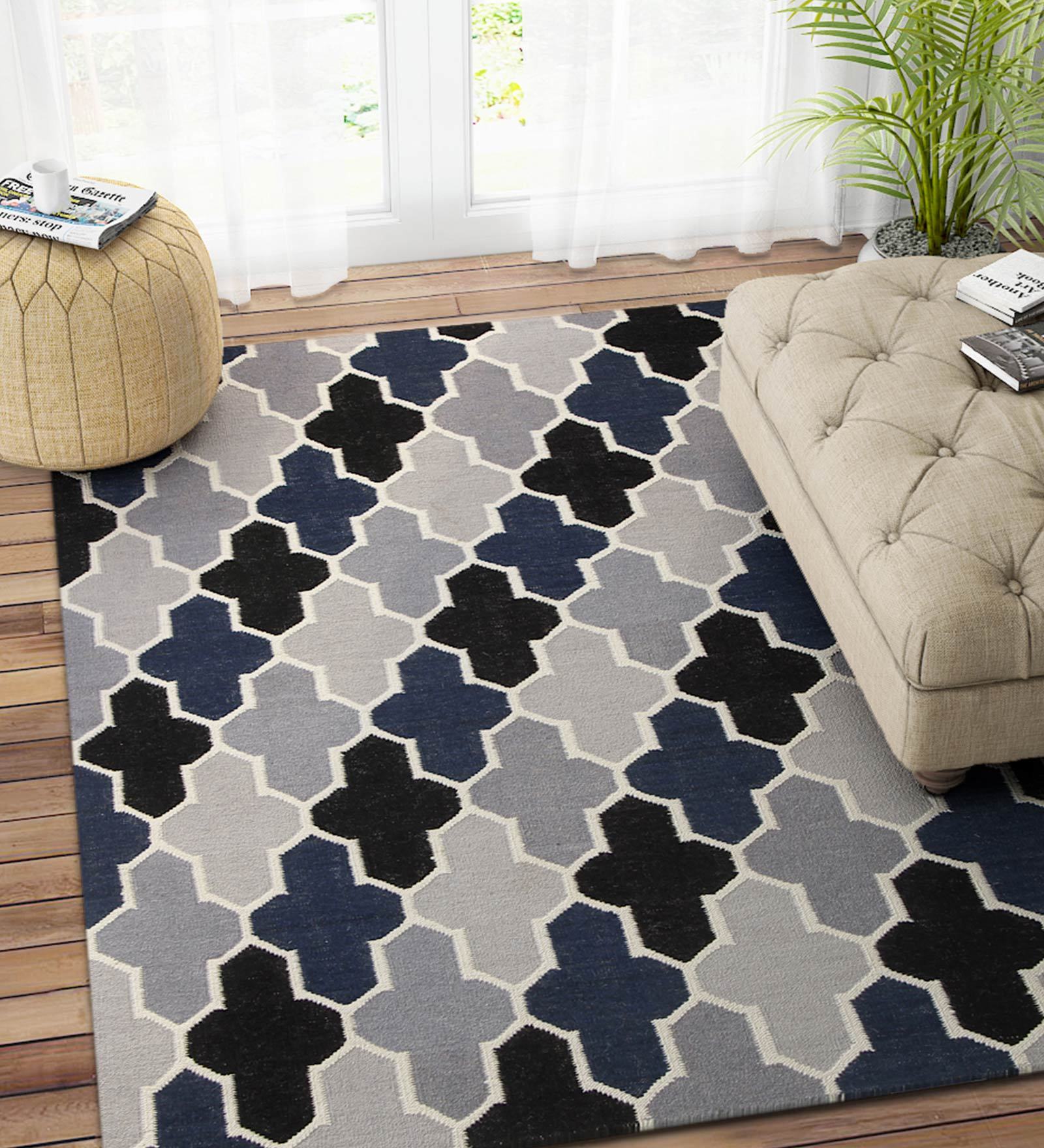 Blue Wool 4 ft X 6 ft Hand Woven Dhurrie