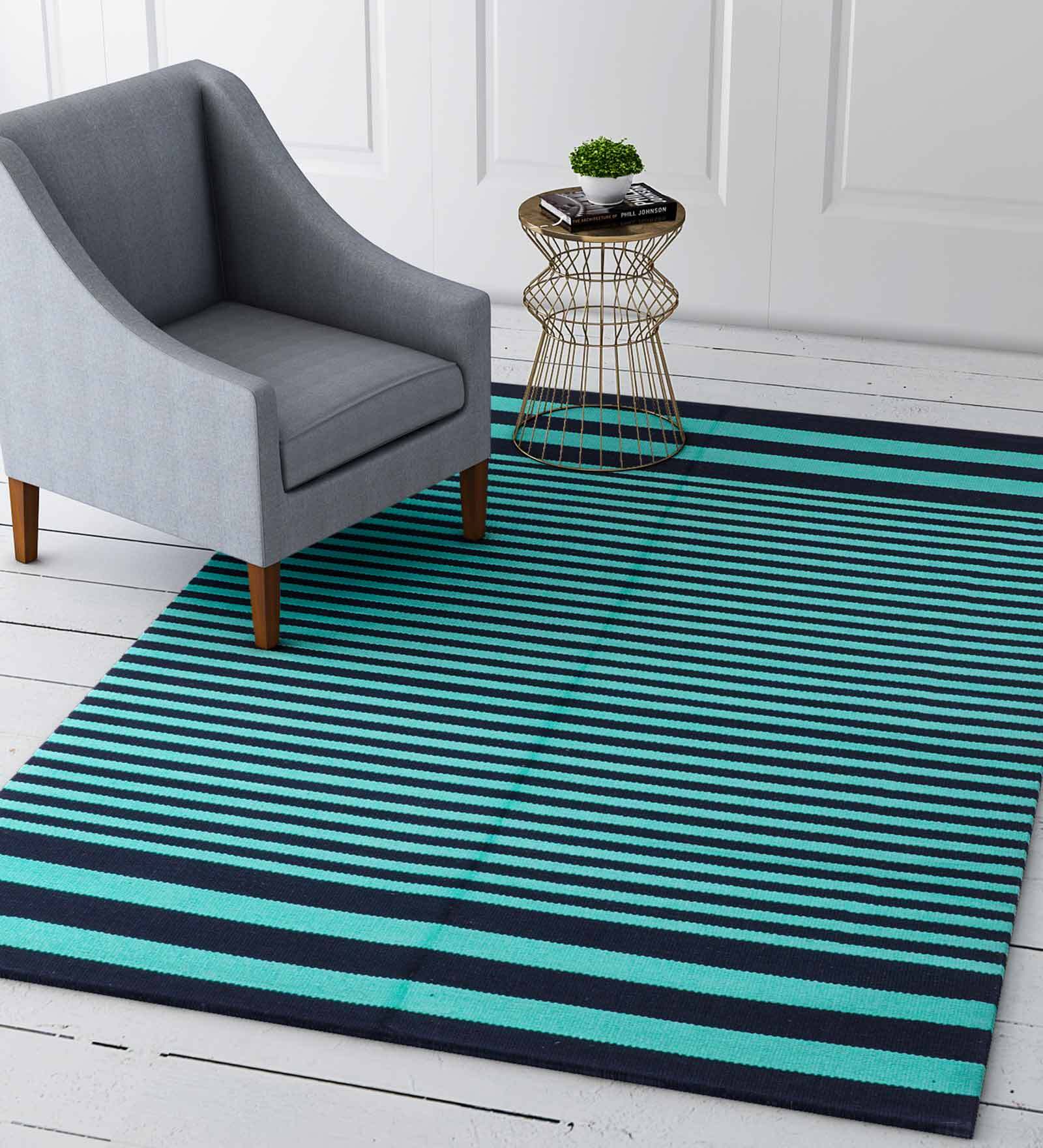 Blue Cotton 3 ft X 5 ft Hand Woven Dhurrie