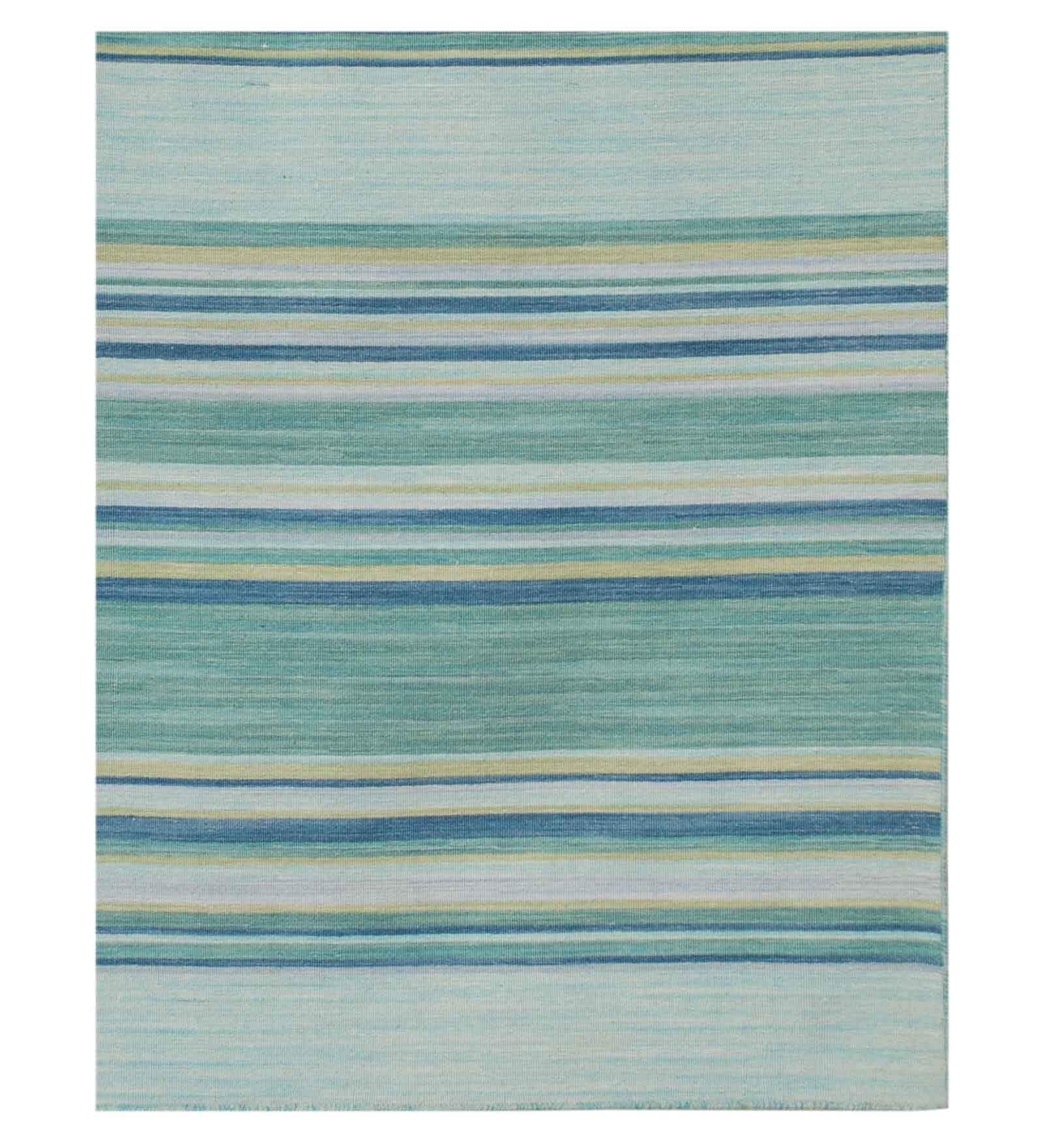 Blue Striped Wool 8 ft x 10 ft Flat Weave Carpet